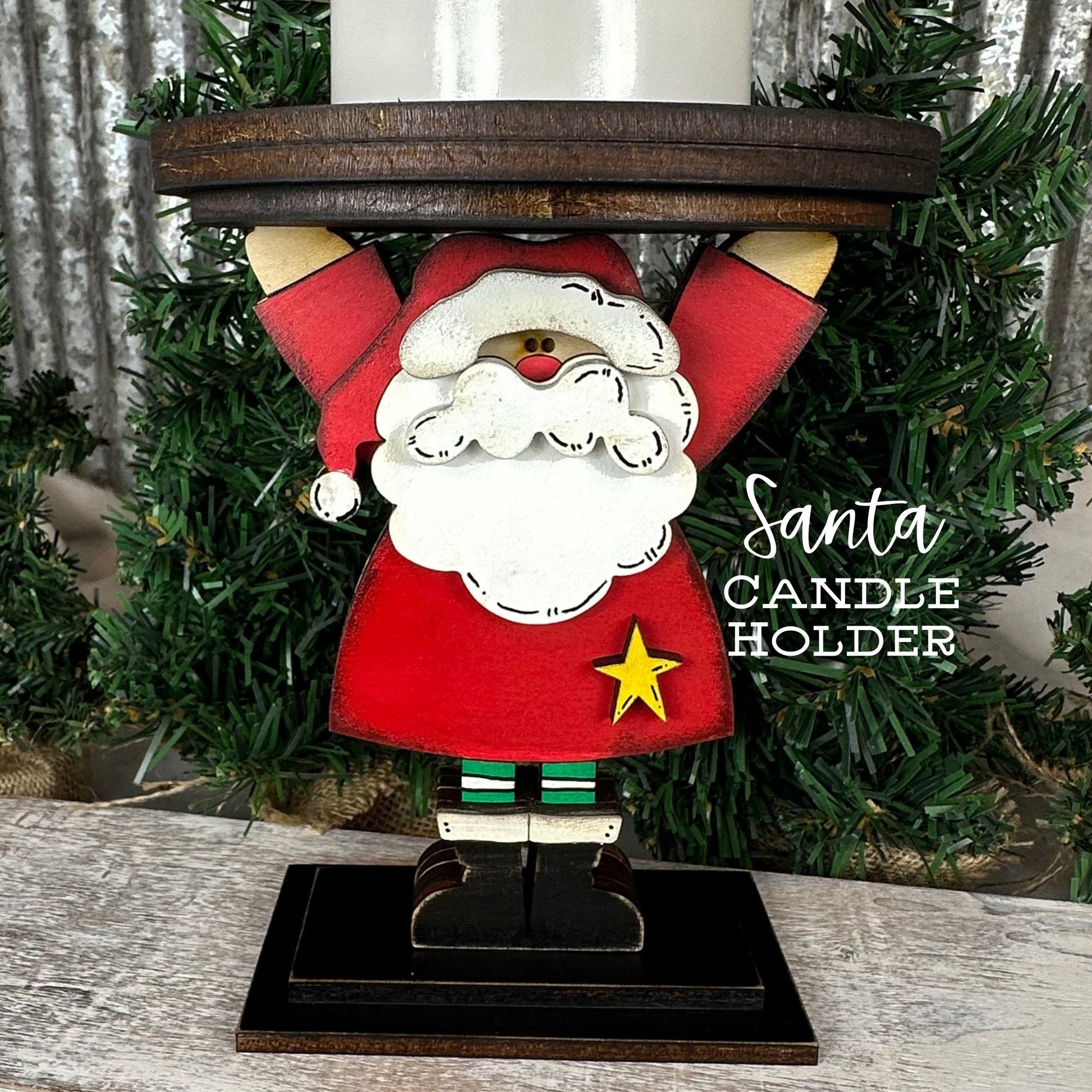 Hand-Painted Wooden Santa LED Candle Holder – Rustic Christmas Decor