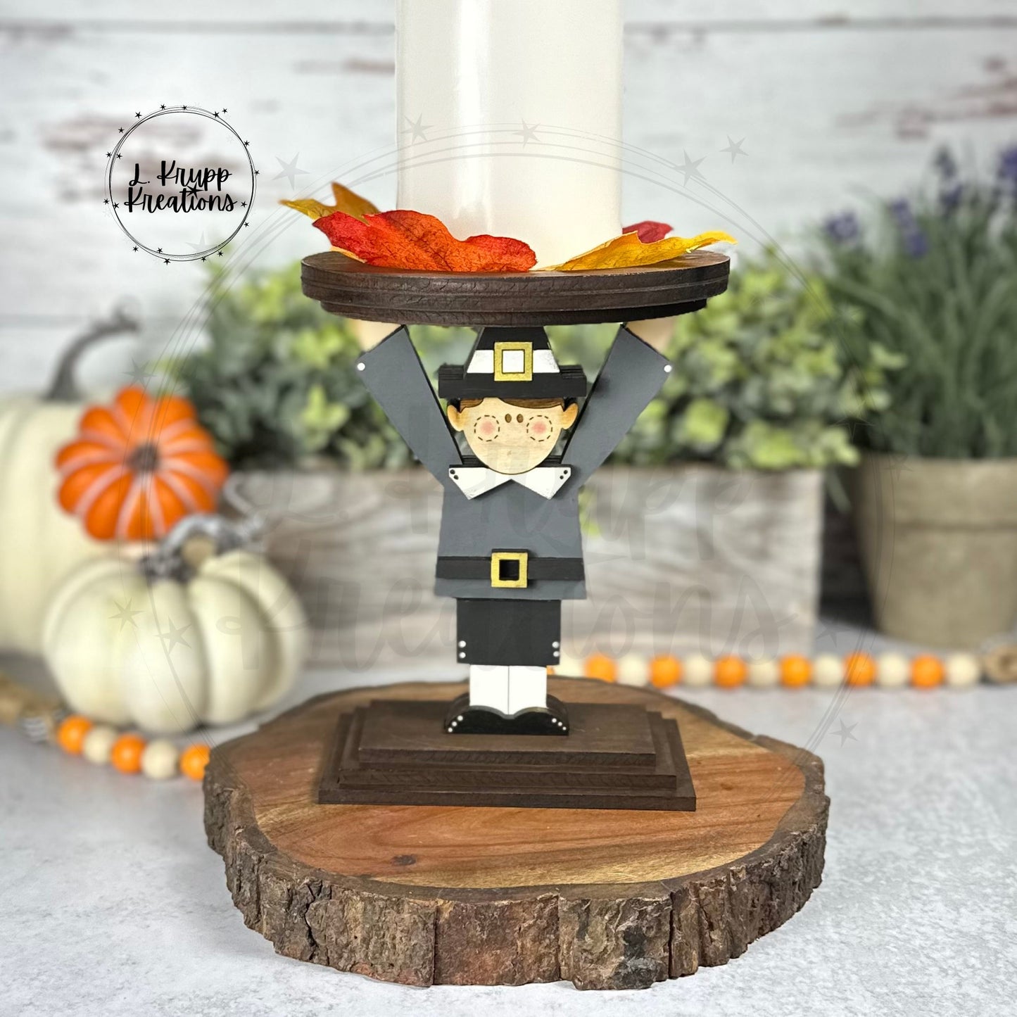 Handmade Pilgrim Display Pedestal, Wooden Thanksgiving Candle Holder, Fall Mantel Decor