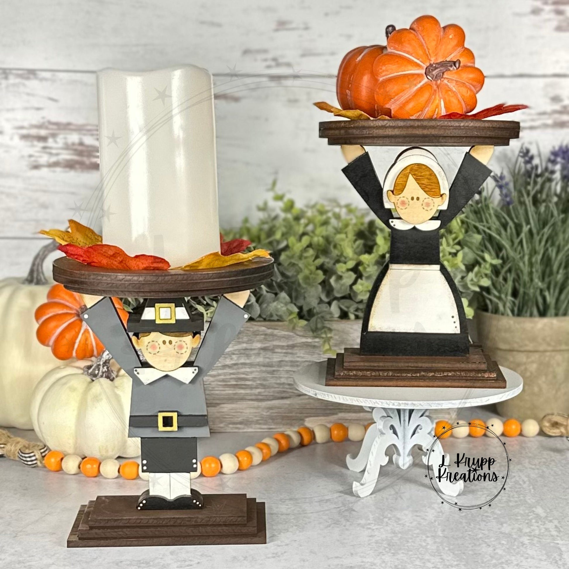 Handmade Pilgrim Display Pedestal, Wooden Thanksgiving Candle Holder, Fall Mantel Decor