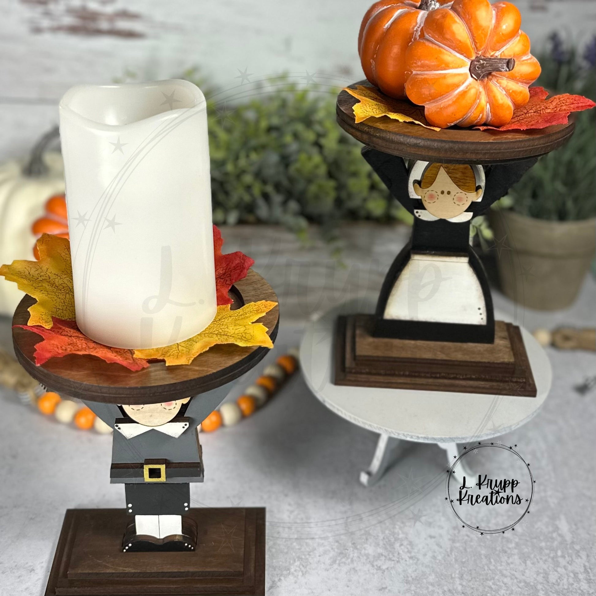 Handmade Pilgrim Display Pedestal, Wooden Thanksgiving Candle Holder, Fall Mantel Decor