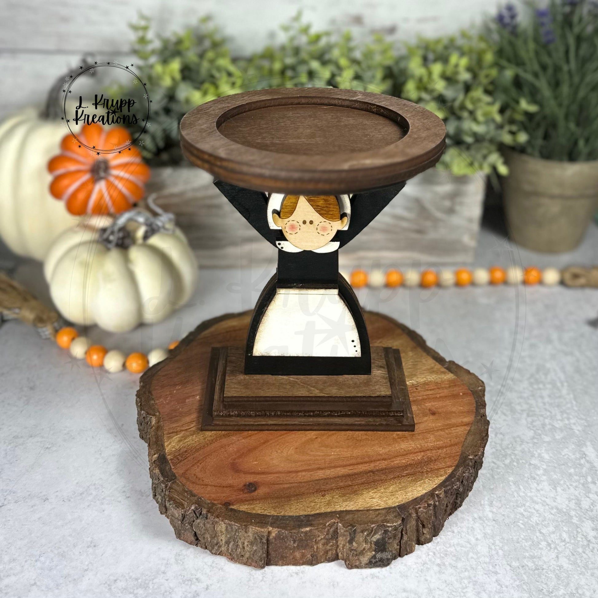 Handmade Pilgrim Display Pedestal, Wooden Thanksgiving Candle Holder, Fall Mantel Decor