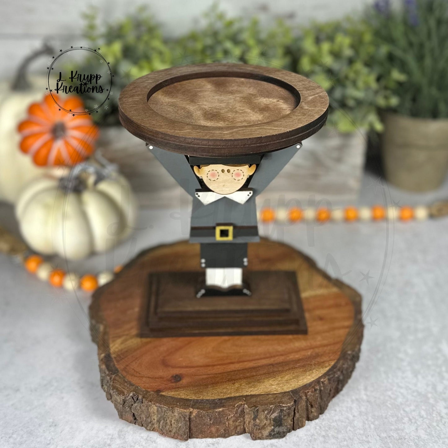 Handmade Pilgrim Display Pedestal, Wooden Thanksgiving Candle Holder, Fall Mantel Decor