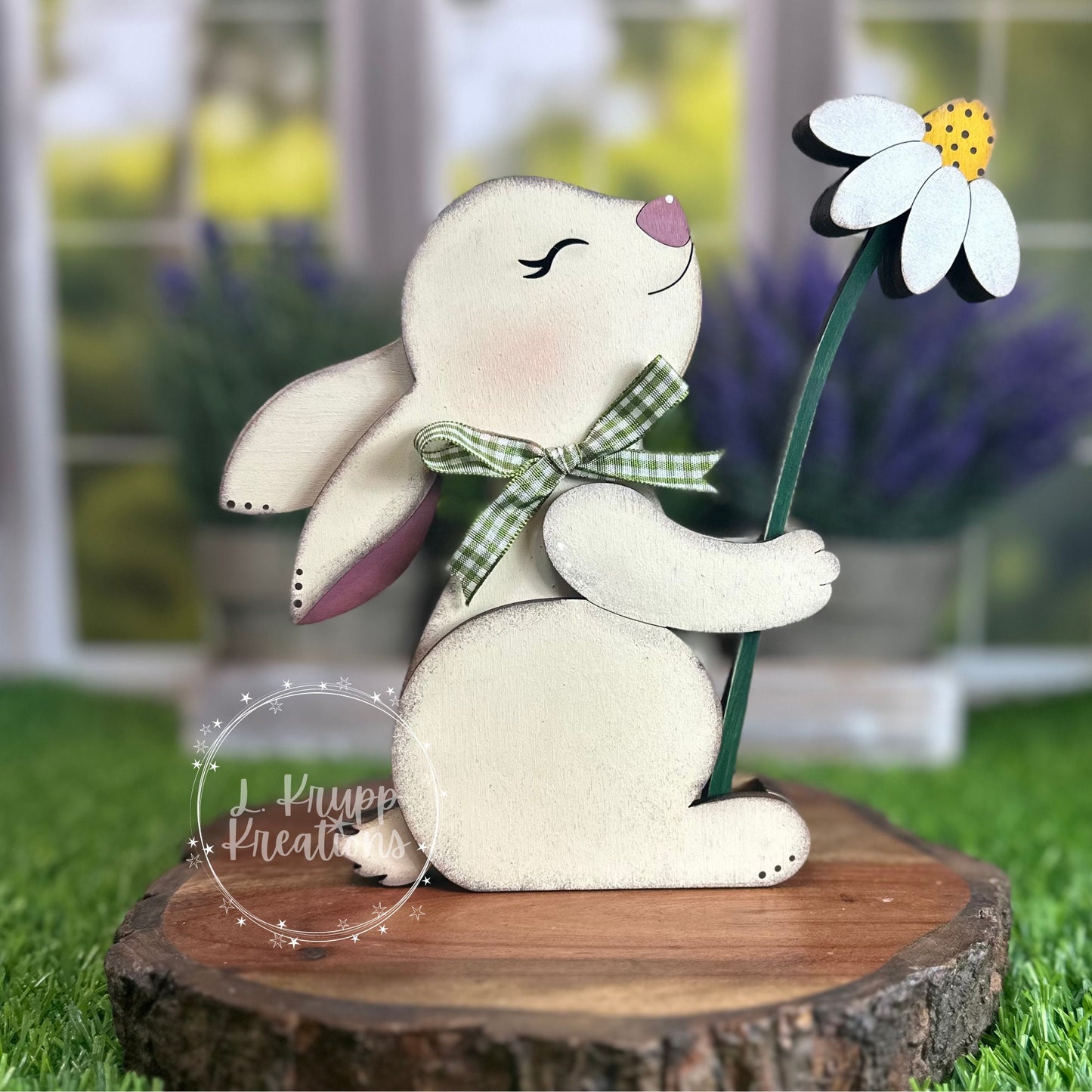 Double-Sided Wooden Bunny Shelf Sitter with Removable Flower