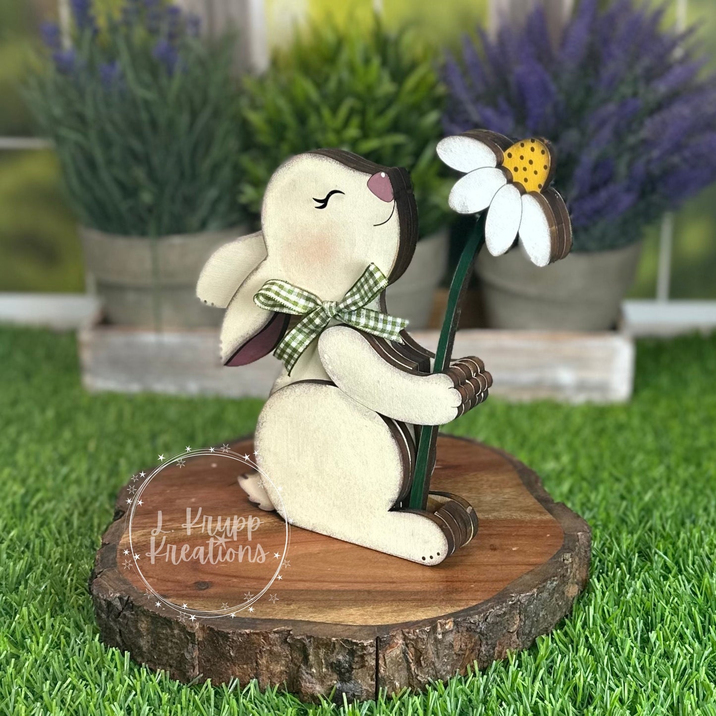 Double-Sided Wooden Bunny Shelf Sitter with Removable Flower