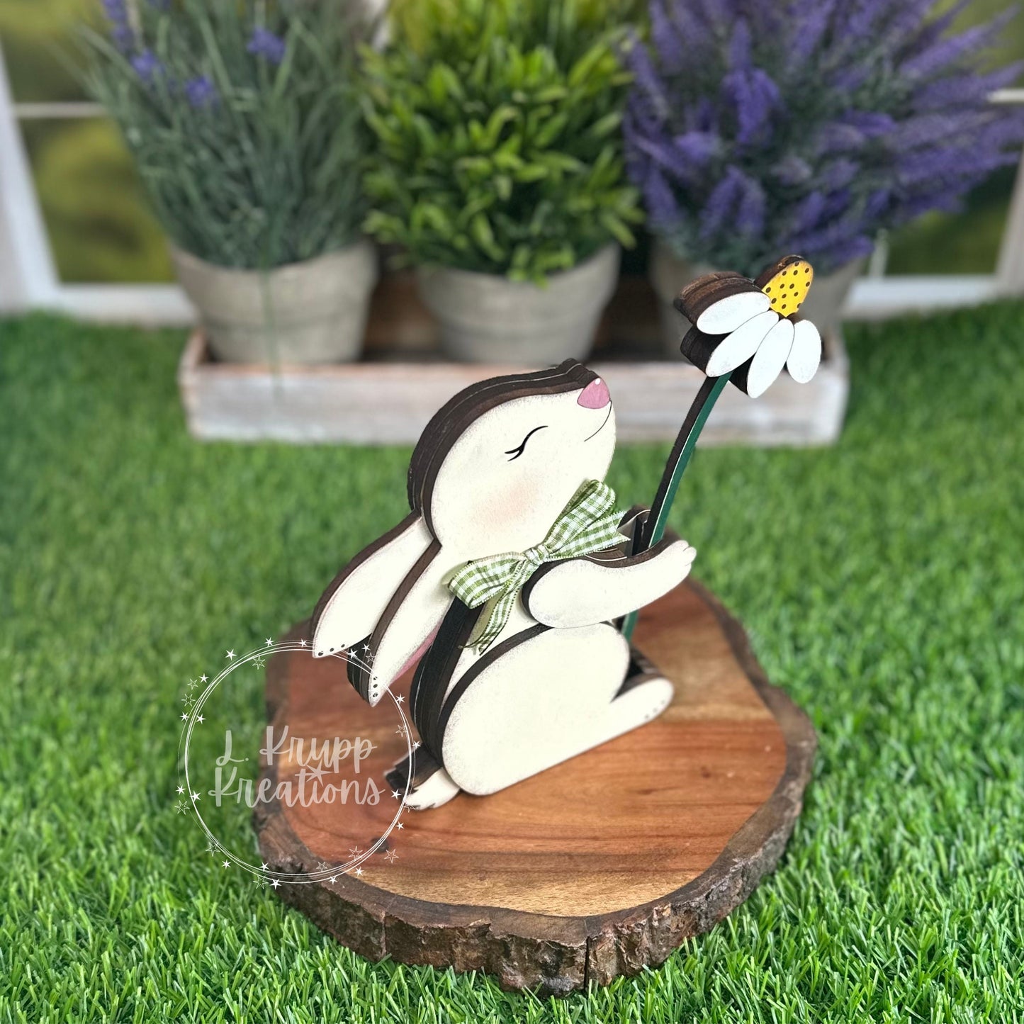 Double-Sided Wooden Bunny Shelf Sitter with Removable Flower