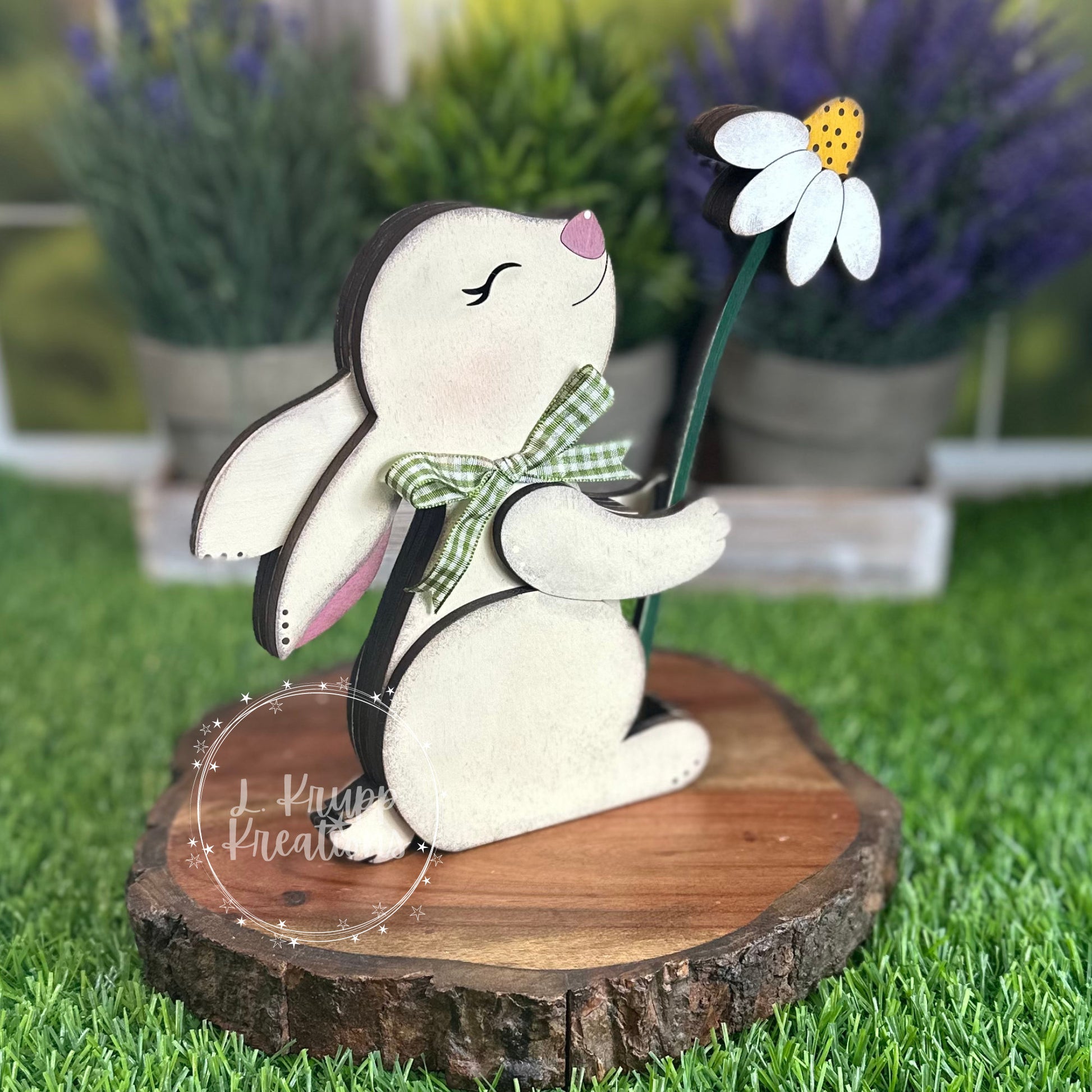 Double-Sided Wooden Bunny Shelf Sitter with Removable Flower