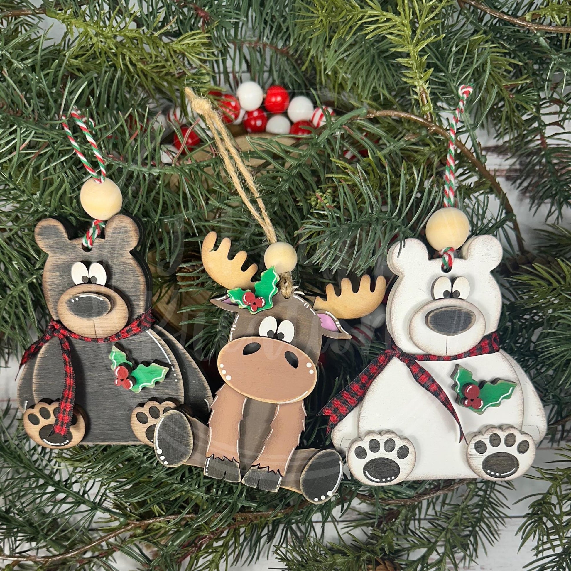 Rustic Christmas Woodland Ornaments - Black Bear, Polar Bear & Moose Decor