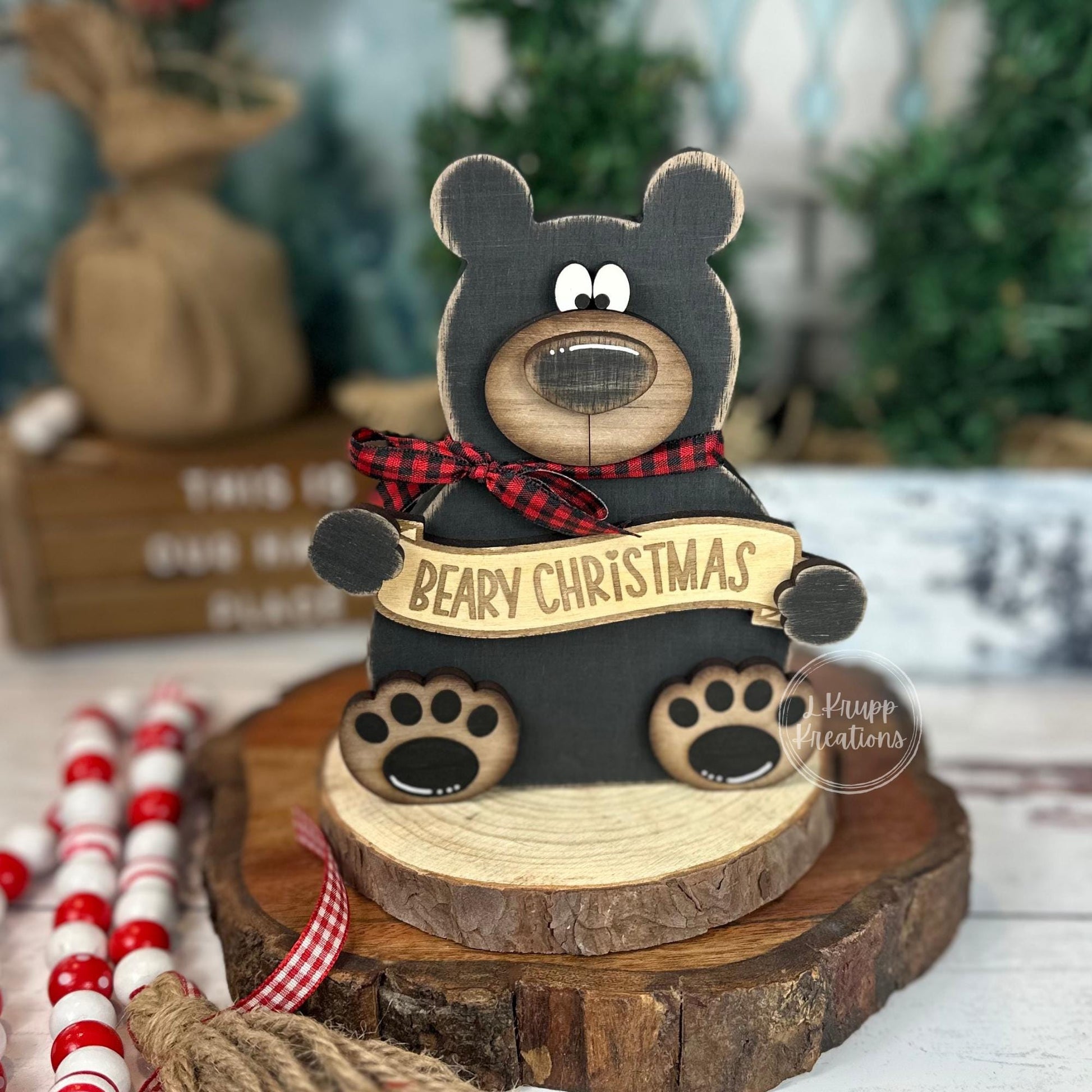Hand-Painted Walnut Wood Bear Christmas Decor – Rustic Holiday Accent (6" Tall)