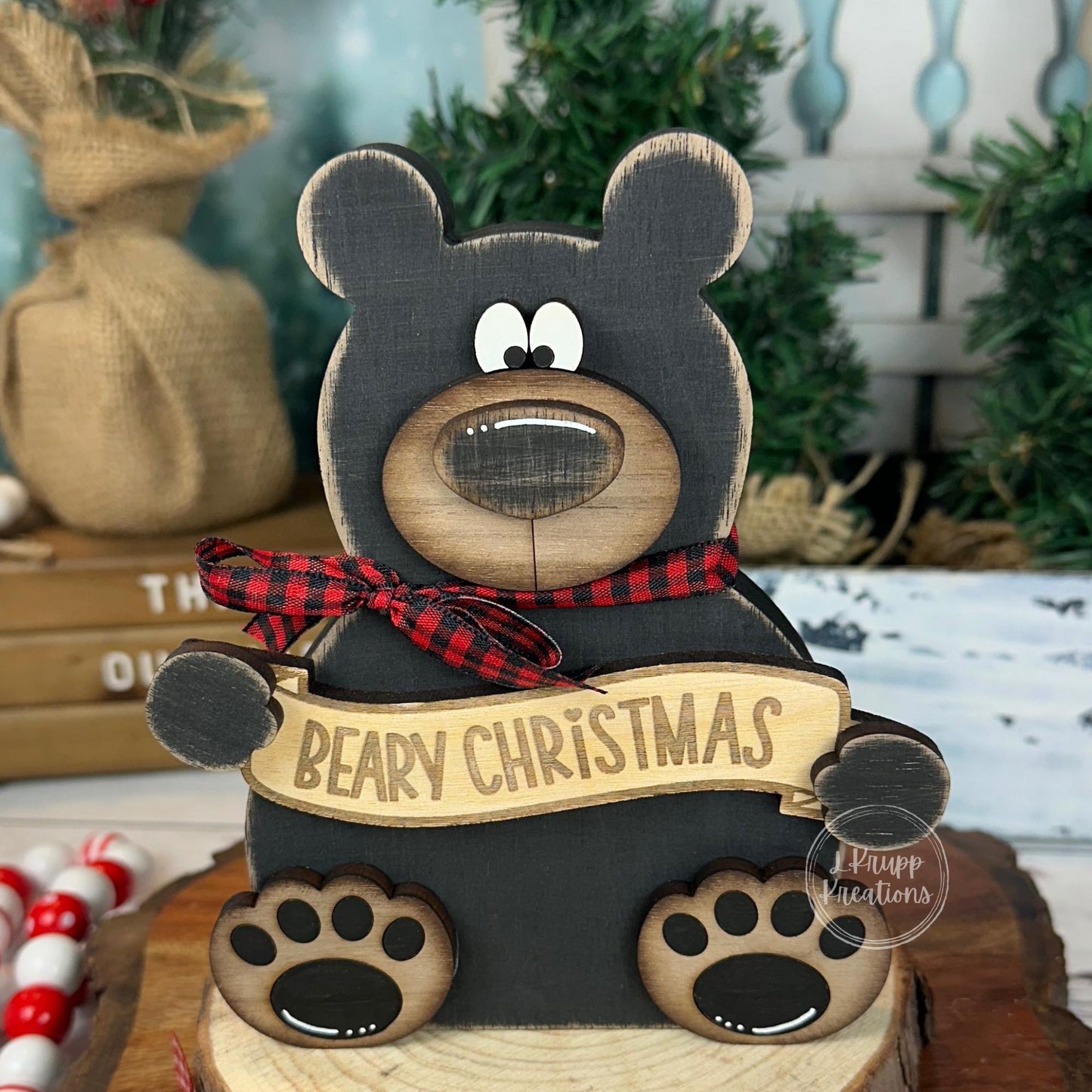 Hand-Painted Walnut Wood Bear Christmas Decor – Rustic Holiday Accent (6" Tall)
