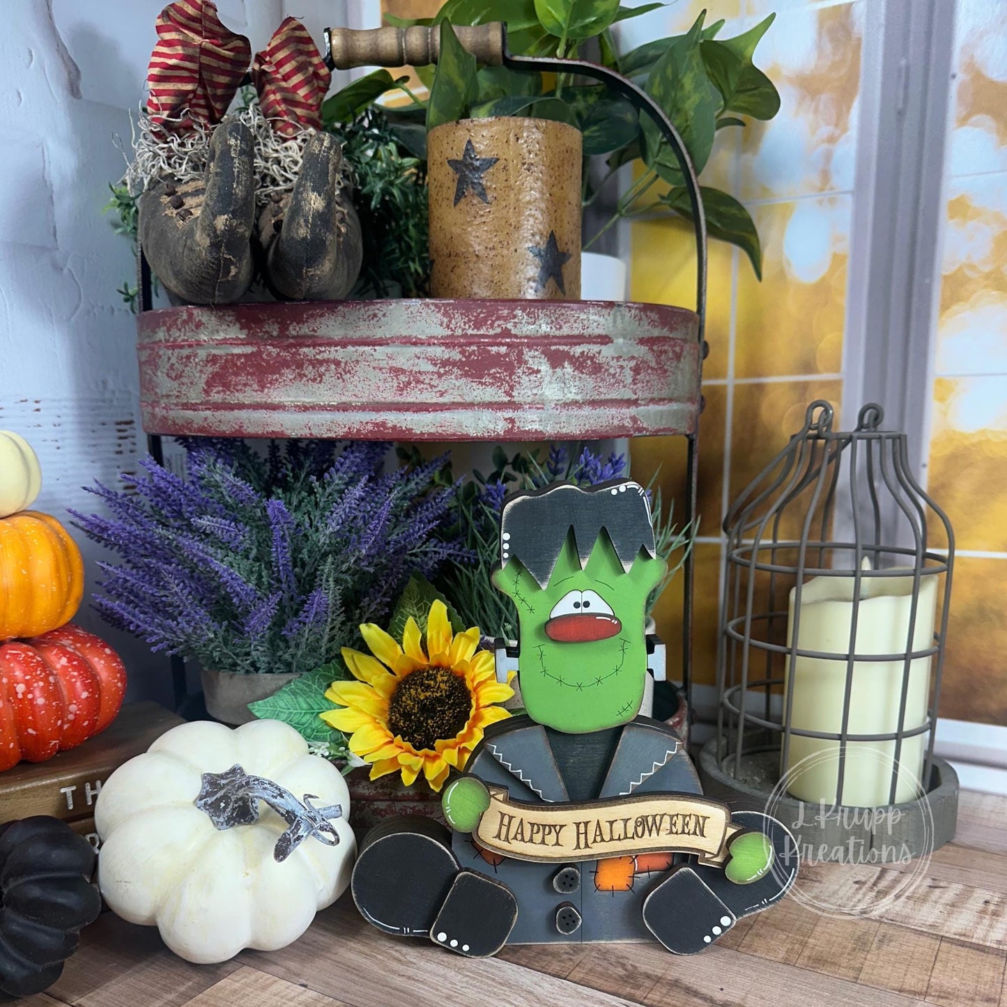 Rustic Halloween Decor: Frankenstein Chunky Wood Accent for Farmhouse Vibes