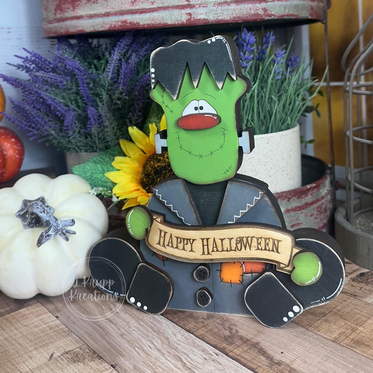 Rustic Halloween Decor: Frankenstein Chunky Wood Accent for Farmhouse Vibes