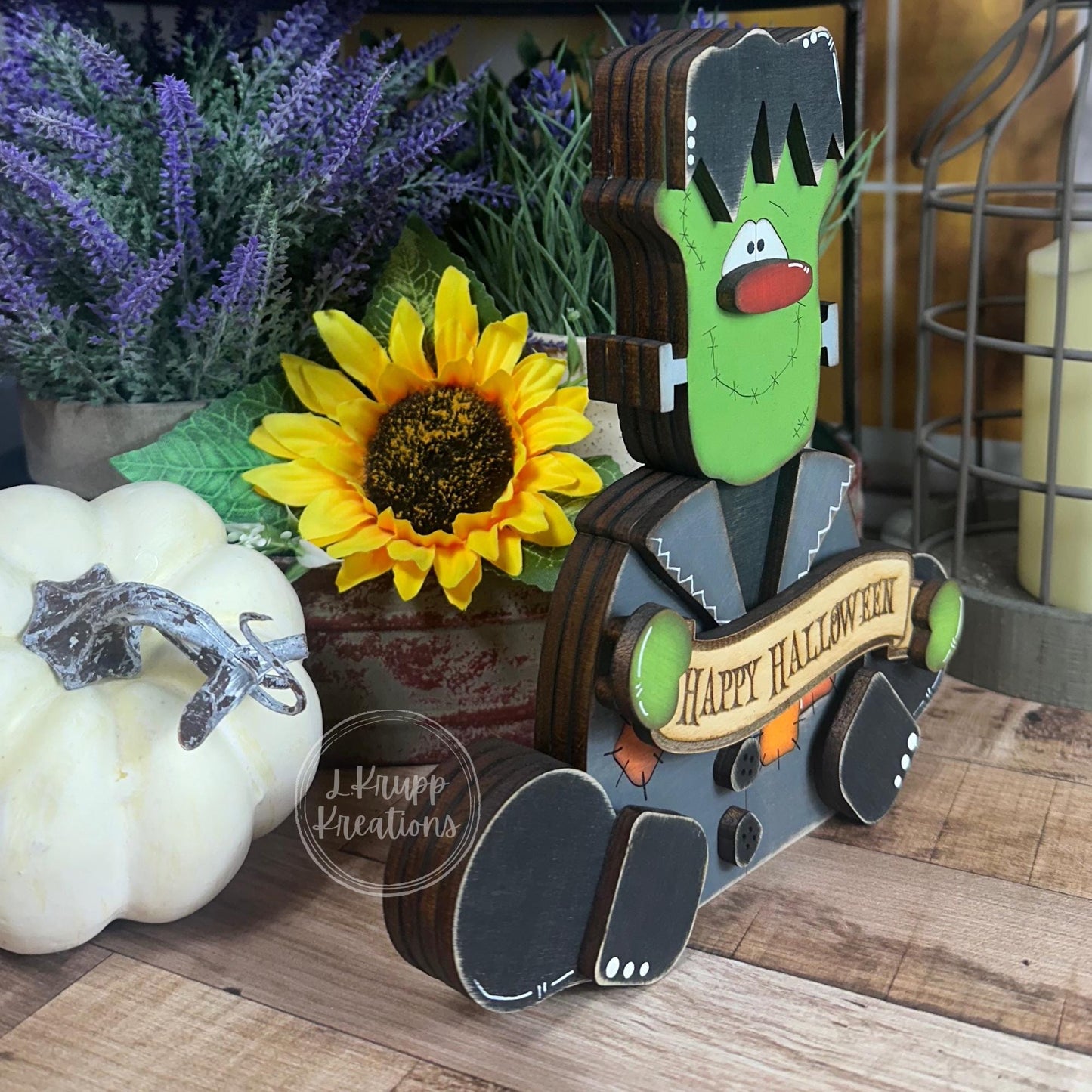 Rustic Halloween Decor: Frankenstein Chunky Wood Accent for Farmhouse Vibes