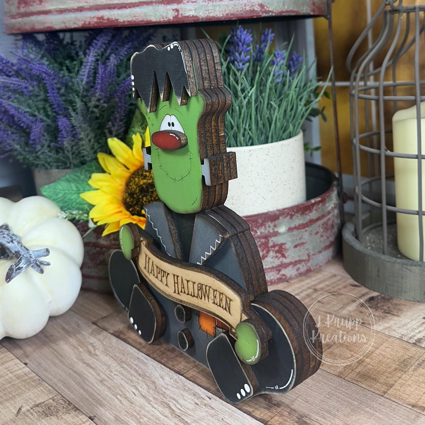 Rustic Halloween Decor: Frankenstein Chunky Wood Accent for Farmhouse Vibes