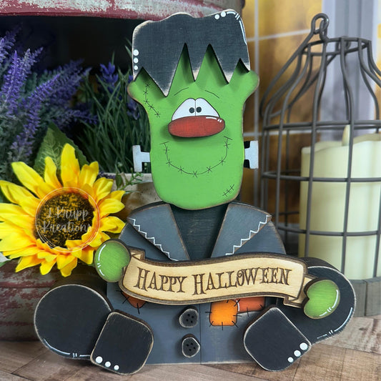 Rustic Halloween Decor: Frankenstein Chunky Wood Accent for Farmhouse Vibes