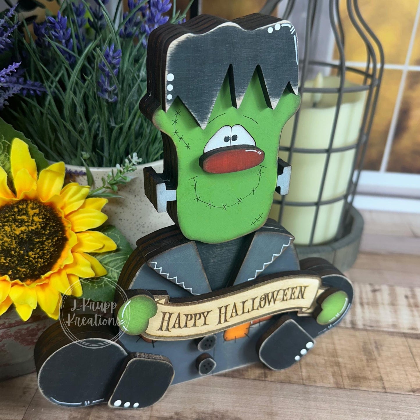 Rustic Halloween Decor: Frankenstein Chunky Wood Accent for Farmhouse Vibes