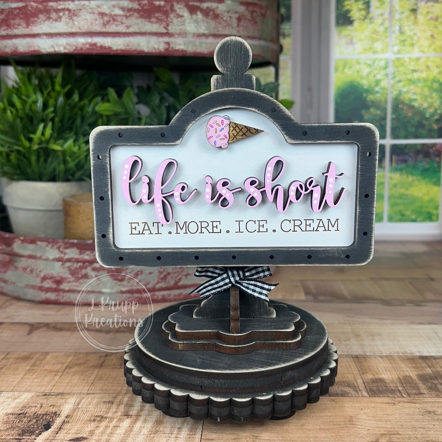 Charming Rustic Ice Cream Wood Mini Sign - Handcrafted Table and Tiered Tray Decor