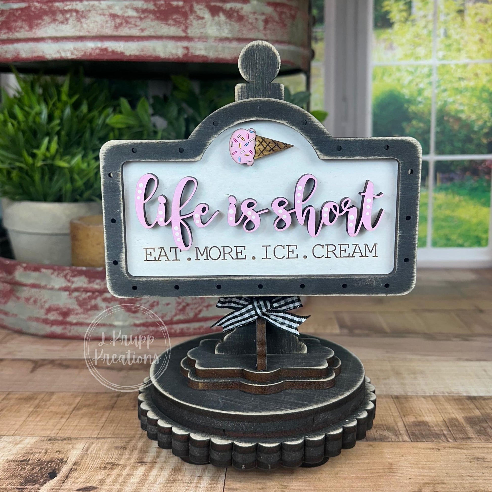 Charming Rustic Ice Cream Wood Mini Sign - Handcrafted Table and Tiered Tray Decor