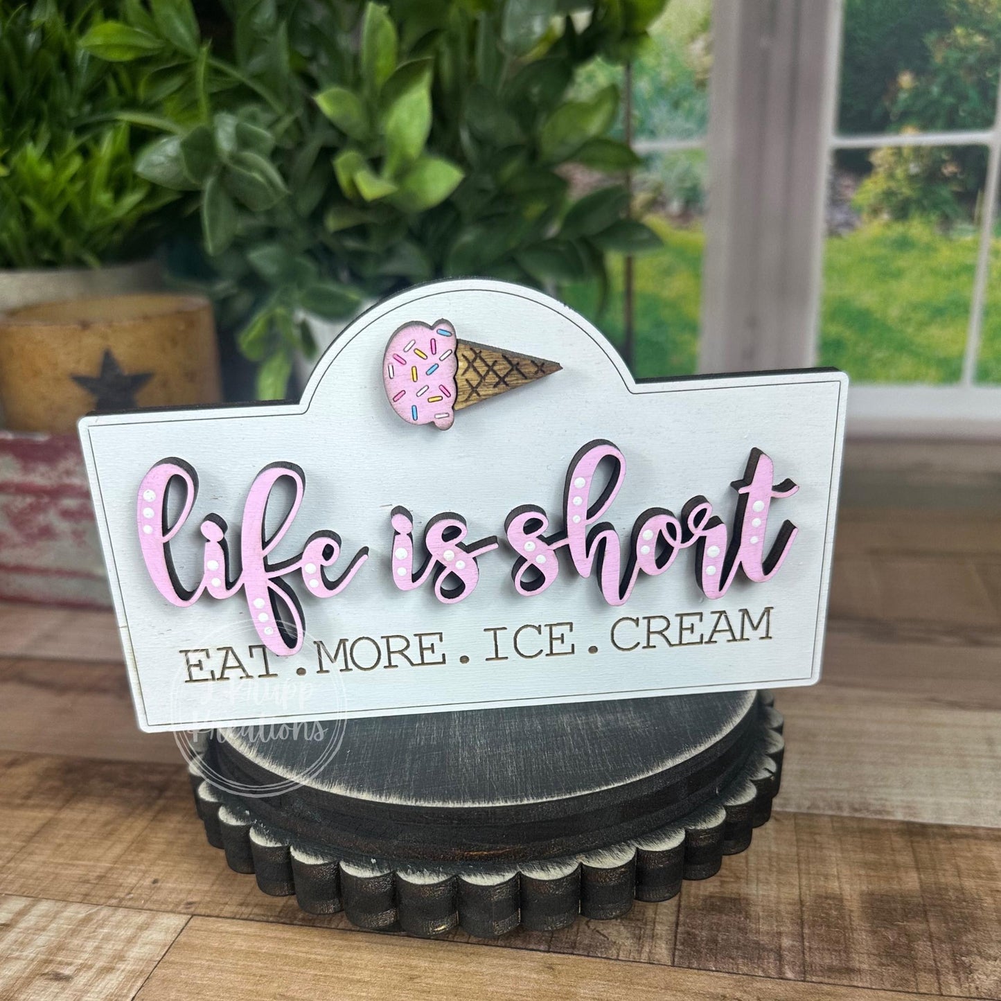 Charming Rustic Ice Cream Wood Mini Sign - Handcrafted Table and Tiered Tray Decor