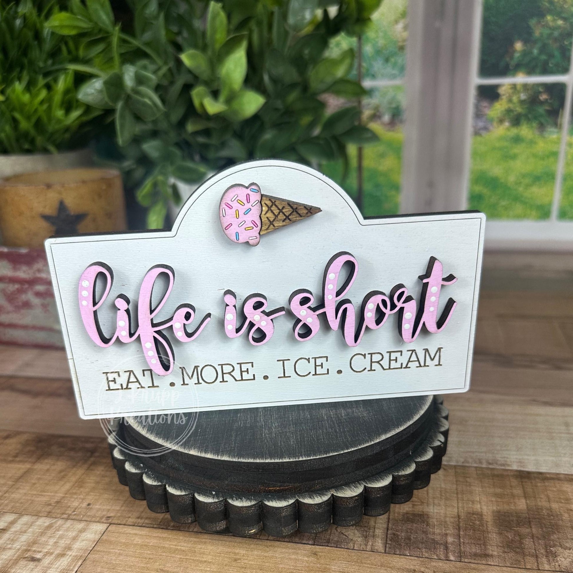 Charming Rustic Ice Cream Wood Mini Sign - Handcrafted Table and Tiered Tray Decor