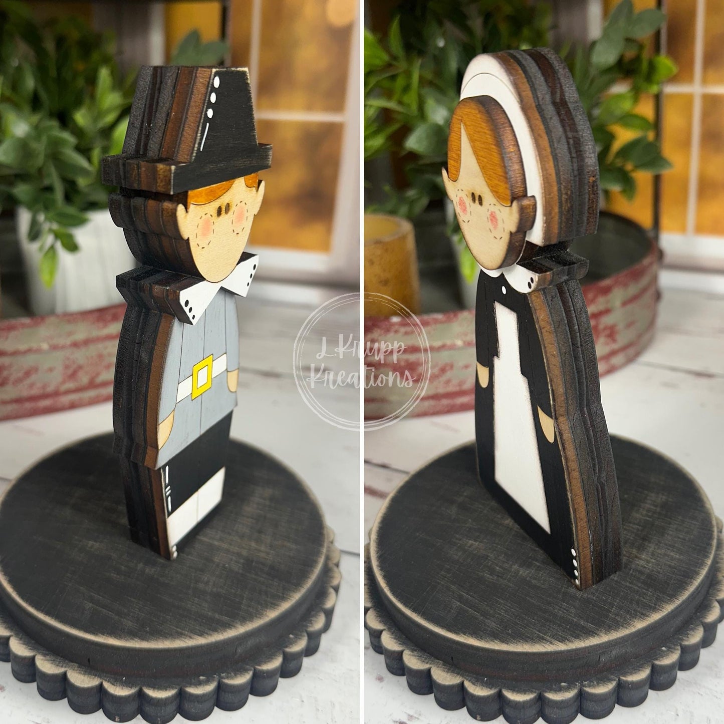 Rustic Thanksgiving Farmhouse Decor - Adorable Pilgrim Shelf Sitters and Turkey