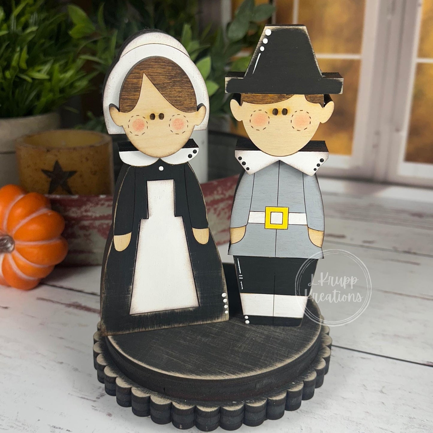 Rustic Thanksgiving Farmhouse Decor - Adorable Pilgrim Shelf Sitters and Turkey