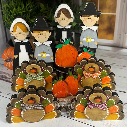 Rustic Thanksgiving Farmhouse Decor - Adorable Pilgrim Shelf Sitters and Turkey