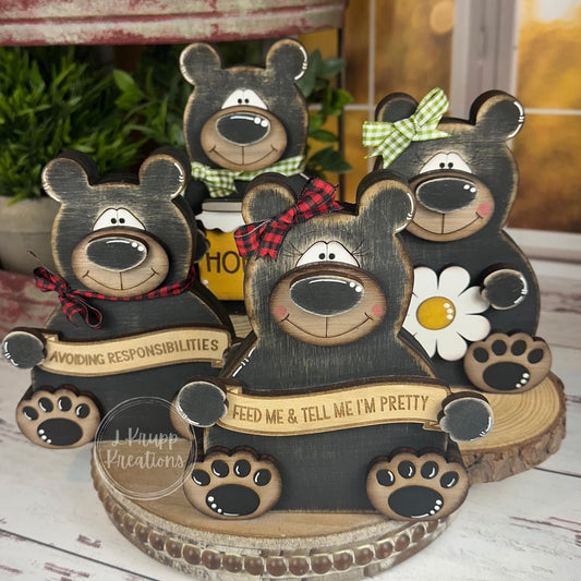 Customizable Wooden Black Bear Duo for Charming Home Decor