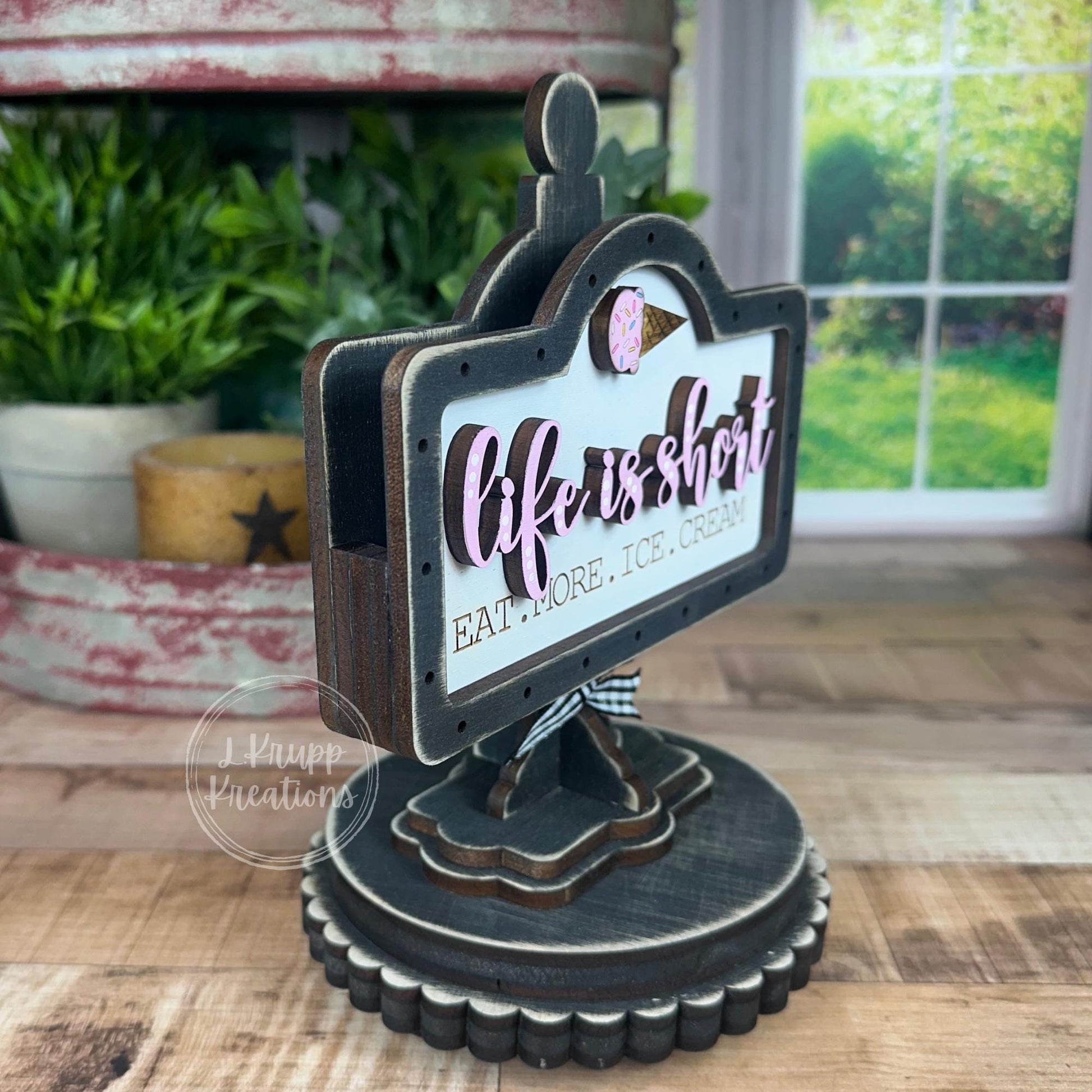 Charming Rustic Ice Cream Wood Mini Sign - Handcrafted Table and Tiered Tray Decor