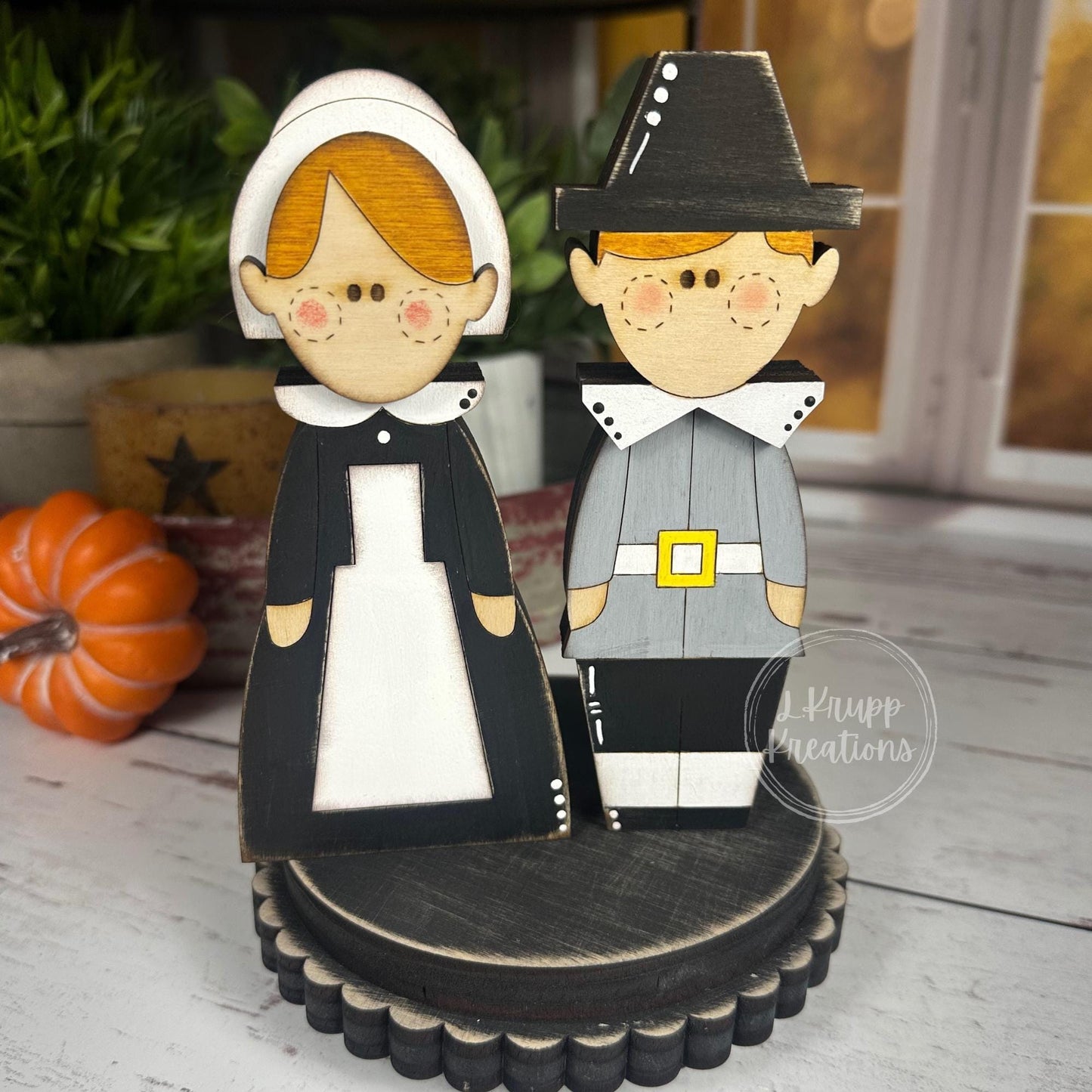 Rustic Thanksgiving Farmhouse Decor - Adorable Pilgrim Shelf Sitters and Turkey