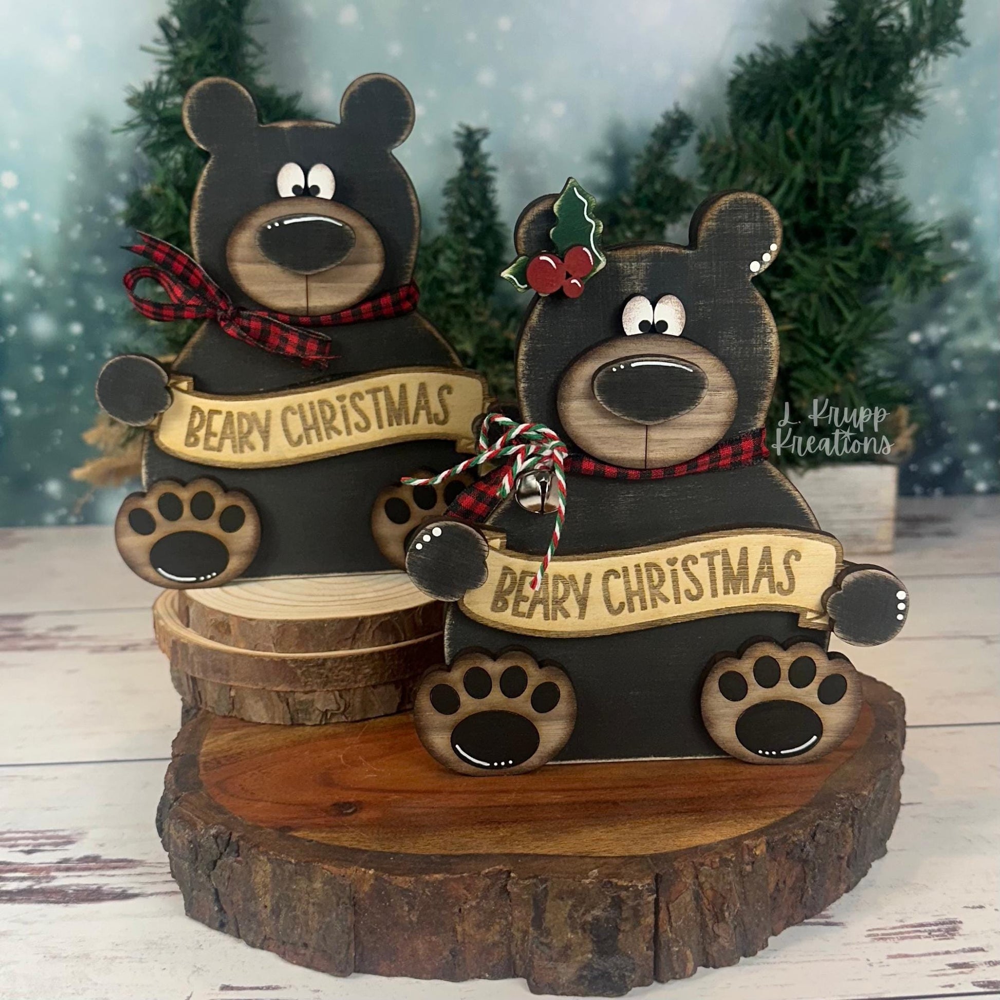 Hand-Painted Walnut Wood Bear Christmas Decor – Rustic Holiday Accent (6" Tall)