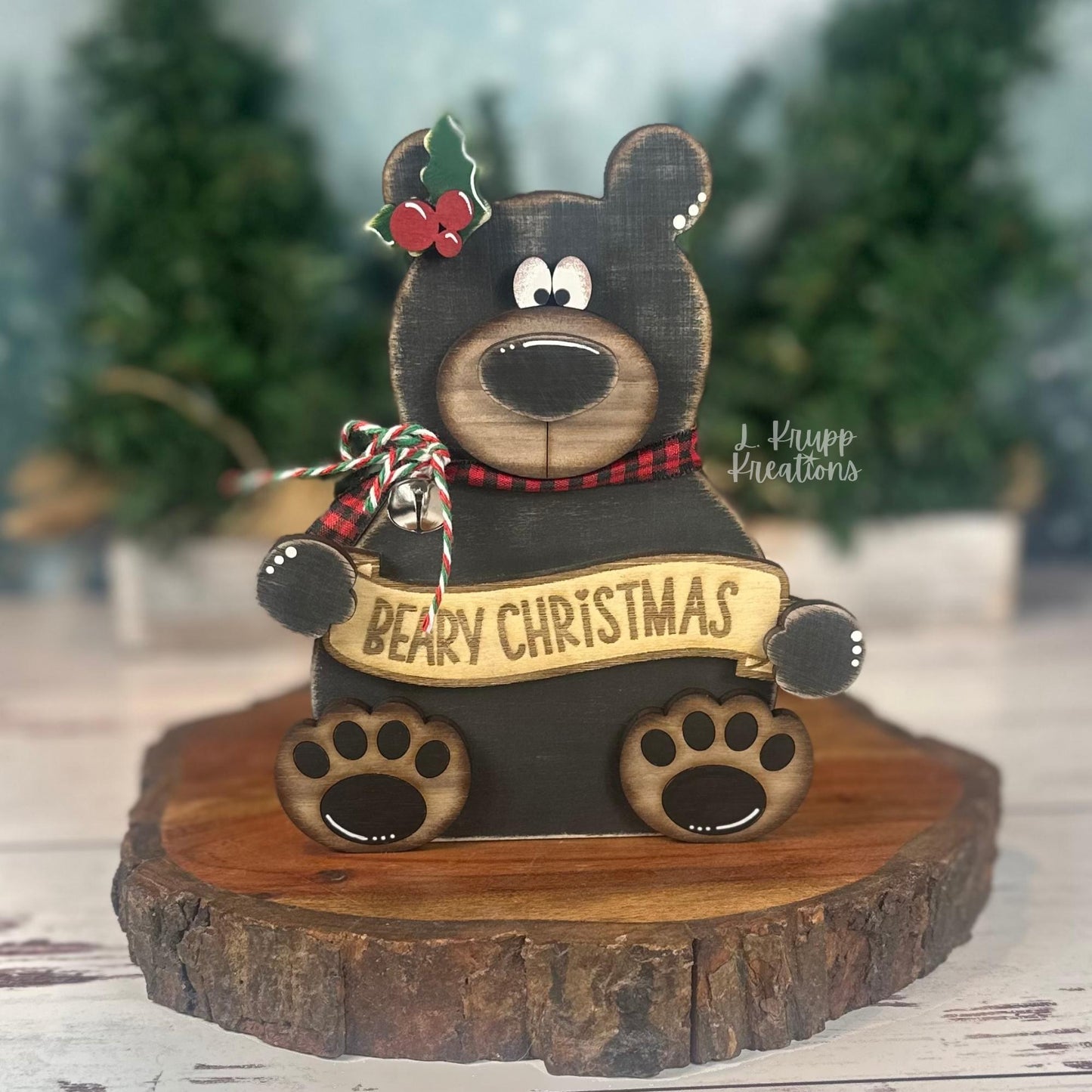 Hand-Painted Walnut Wood Bear Christmas Decor – Rustic Holiday Accent (6" Tall)