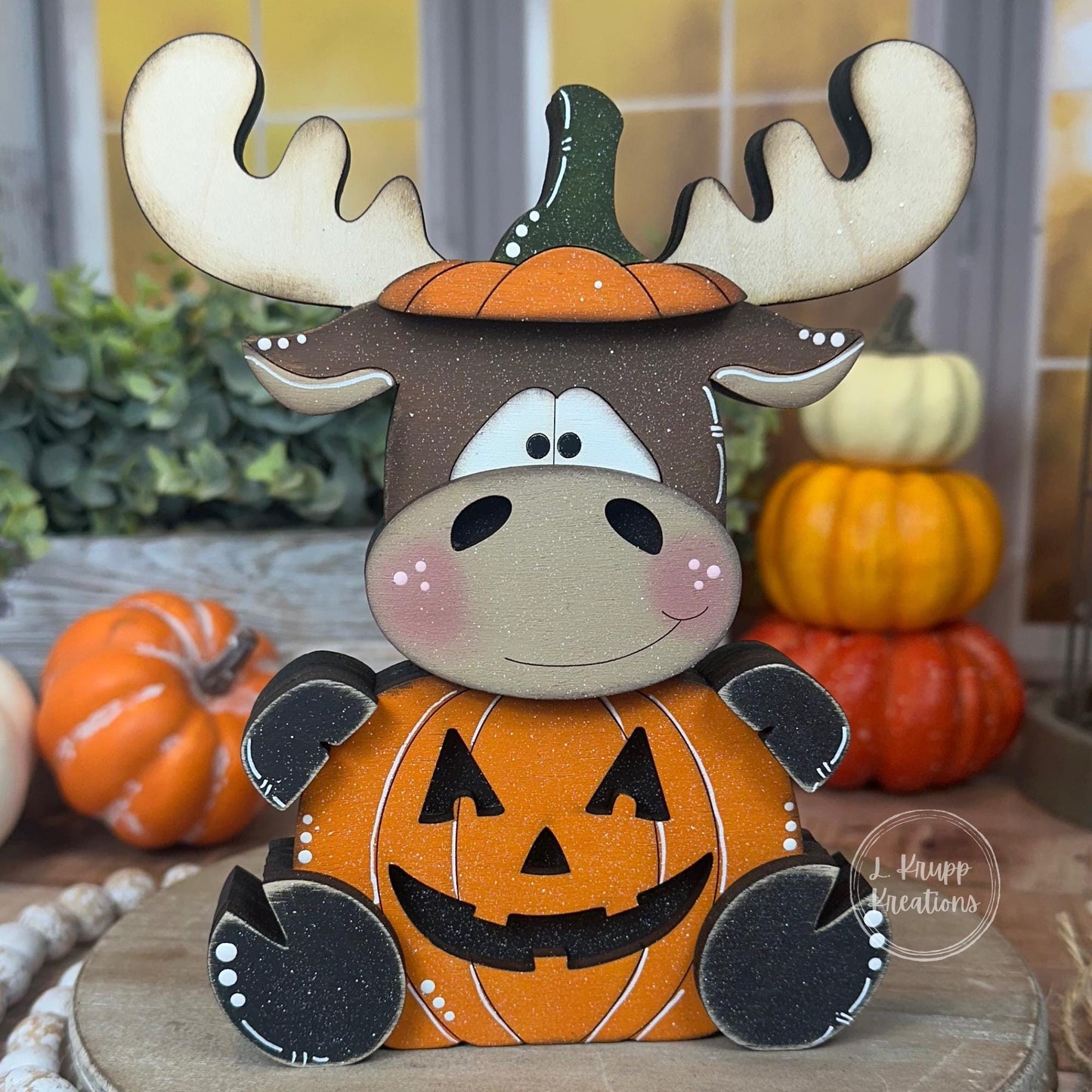 Rustic Halloween Wooden Moose Pumpkin  Hand-Painted Fall Decor