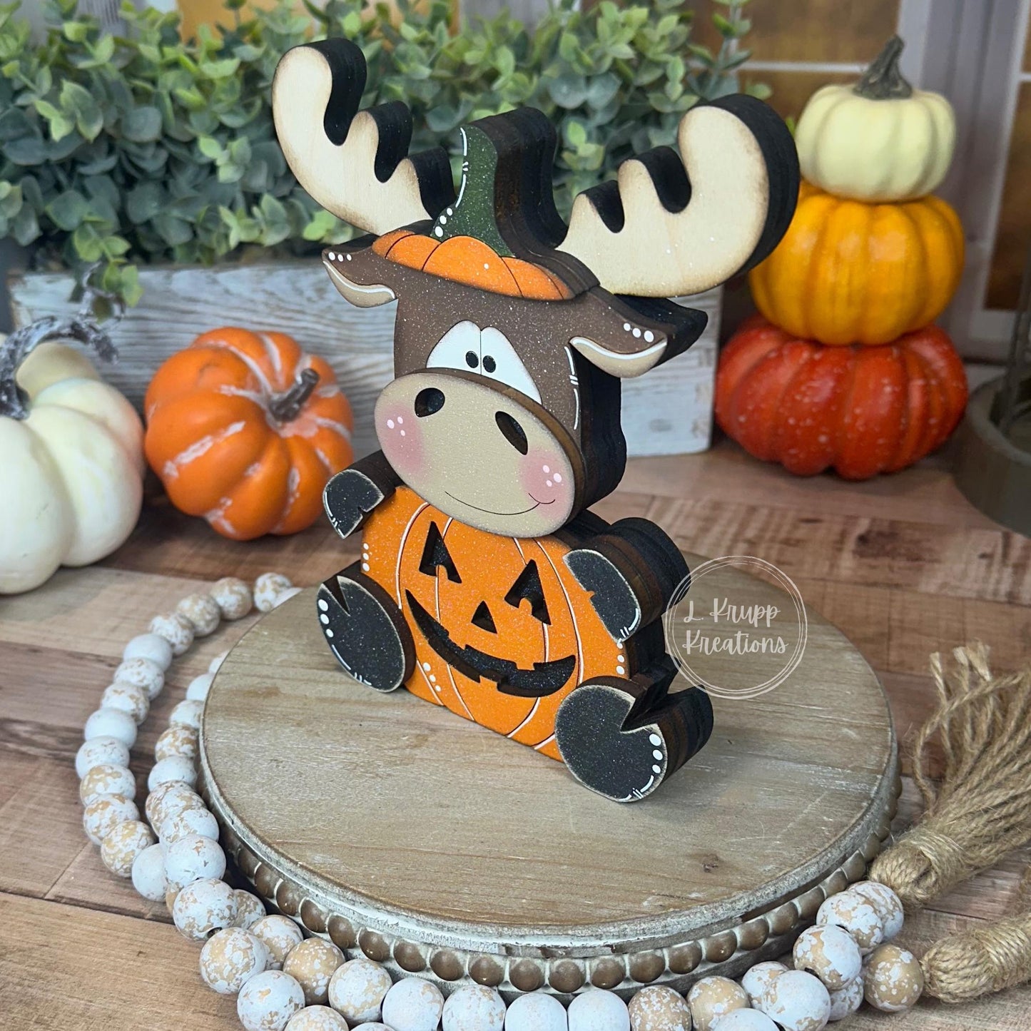 Rustic Halloween Wooden Moose Pumpkin  Hand-Painted Fall Decor