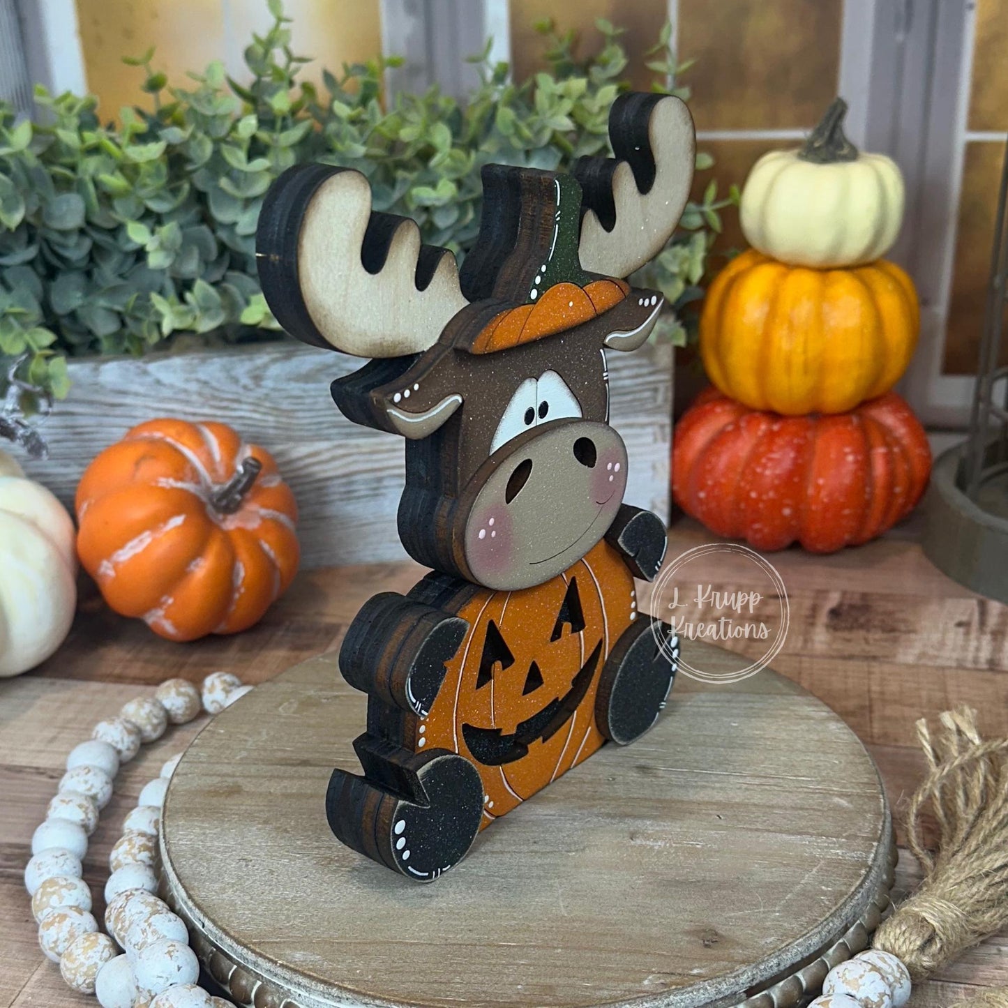 Rustic Halloween Wooden Moose Pumpkin  Hand-Painted Fall Decor