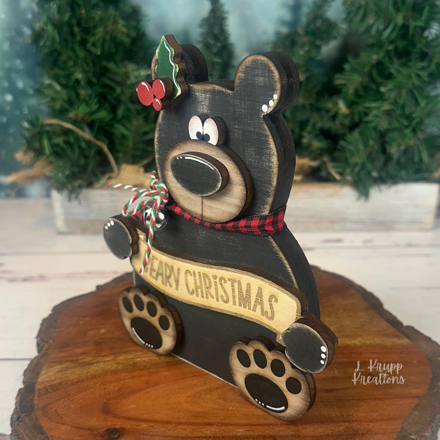 Hand-Painted Walnut Wood Bear Christmas Decor – Rustic Holiday Accent (6" Tall)