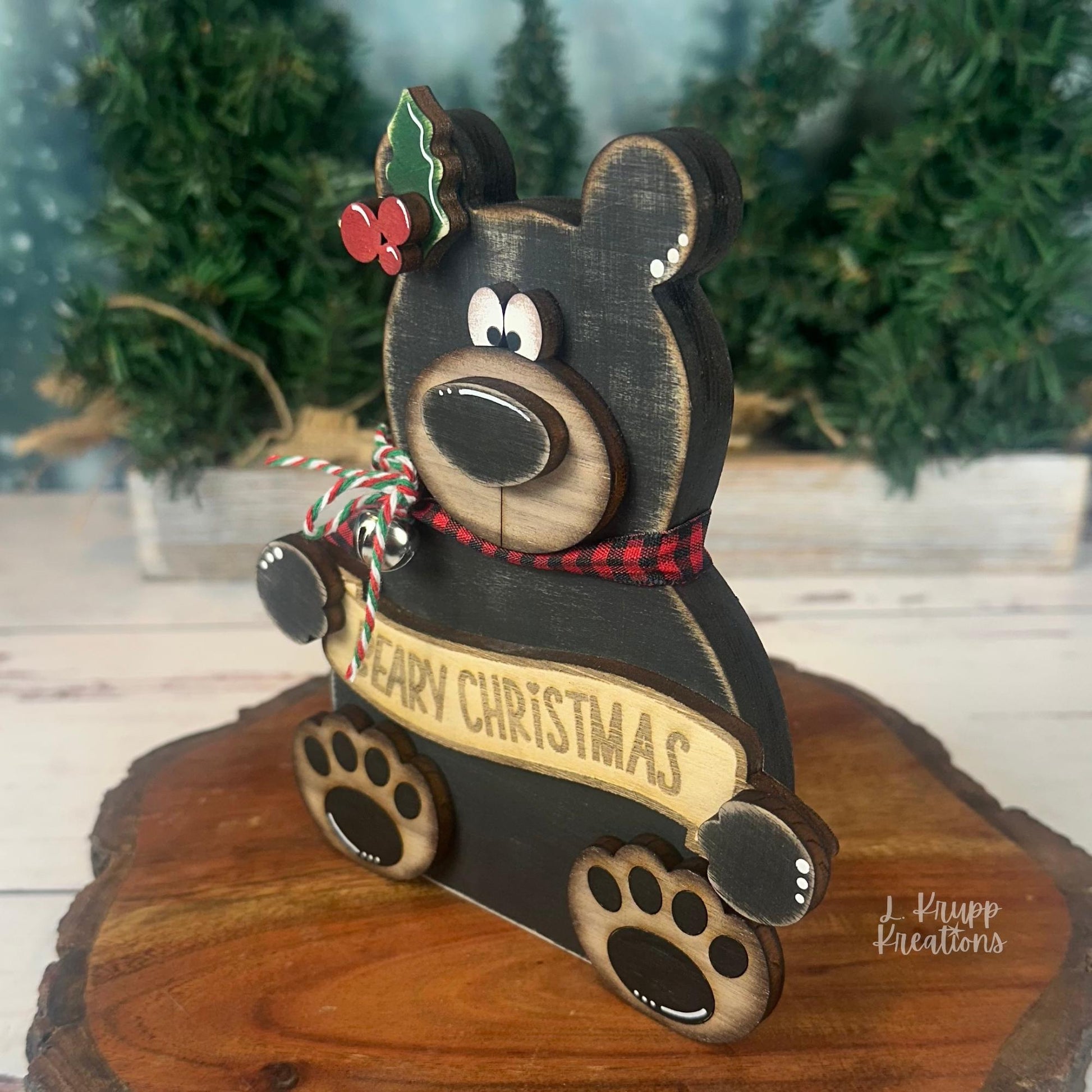 Hand-Painted Walnut Wood Bear Christmas Decor – Rustic Holiday Accent (6" Tall)