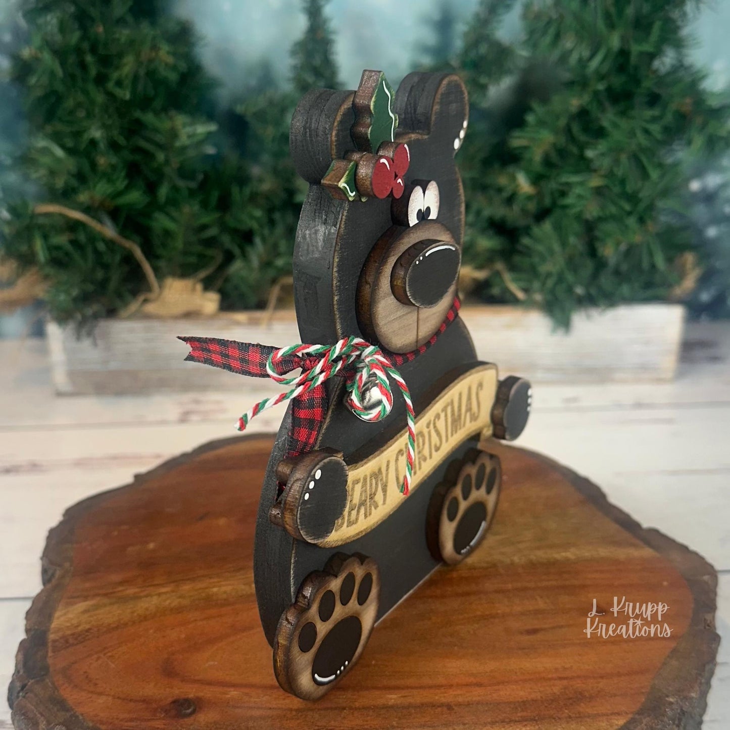 Hand-Painted Walnut Wood Bear Christmas Decor – Rustic Holiday Accent (6" Tall)
