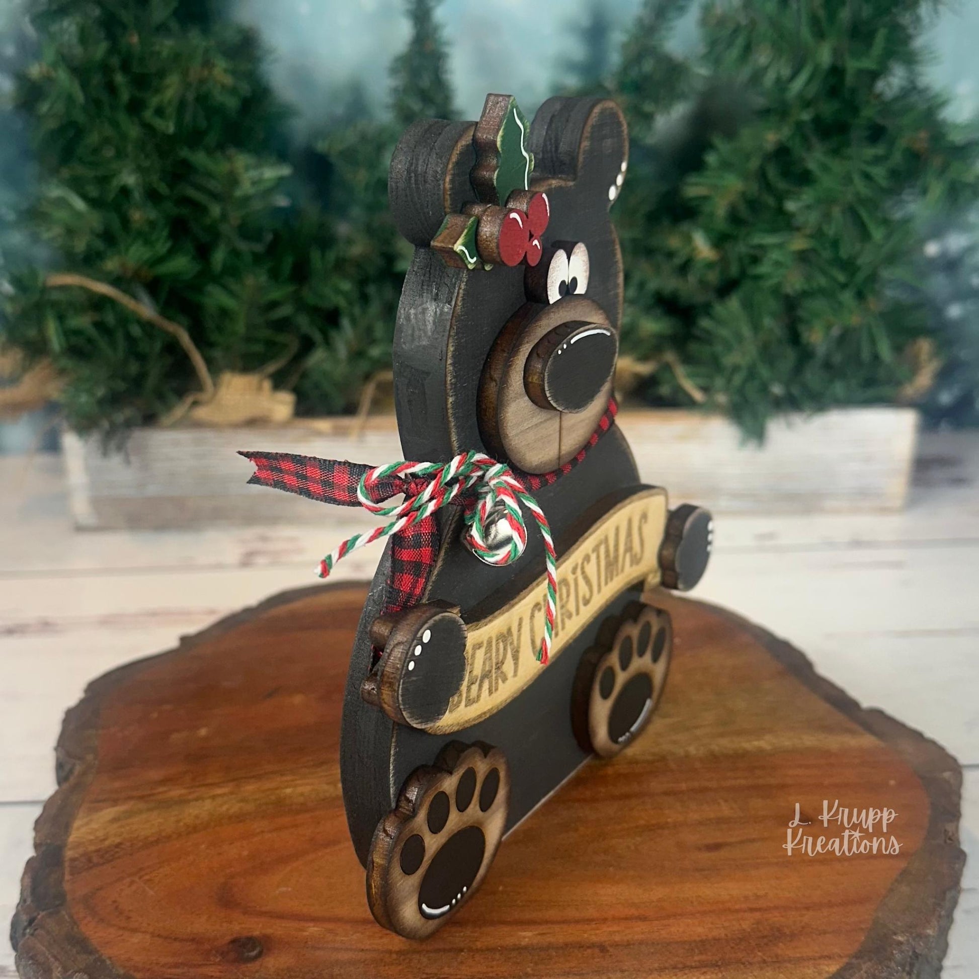 Hand-Painted Walnut Wood Bear Christmas Decor – Rustic Holiday Accent (6" Tall)