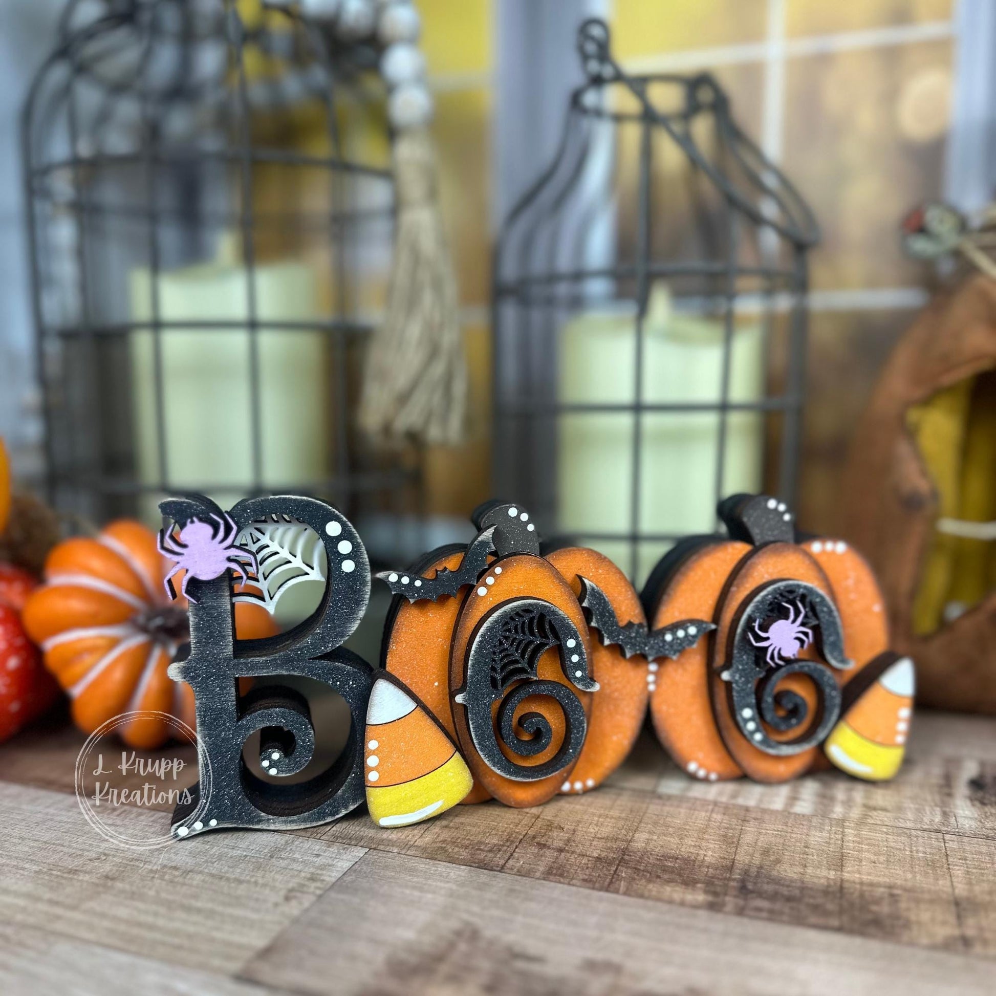 Whimsical Halloween Boo Chunky Shelf Decor with Pumpkins and Candy Corn - Farmhouse Chic Style