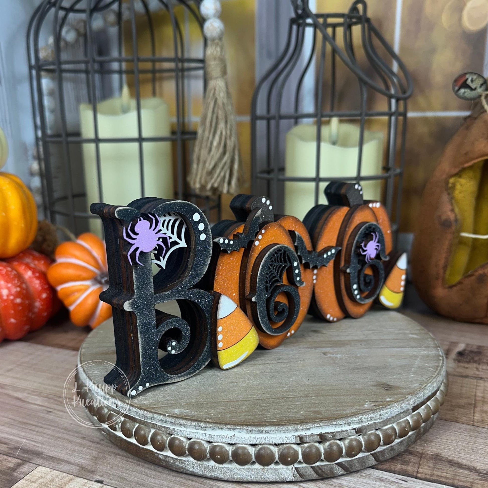 Whimsical Halloween Boo Chunky Shelf Decor with Pumpkins and Candy Corn - Farmhouse Chic Style