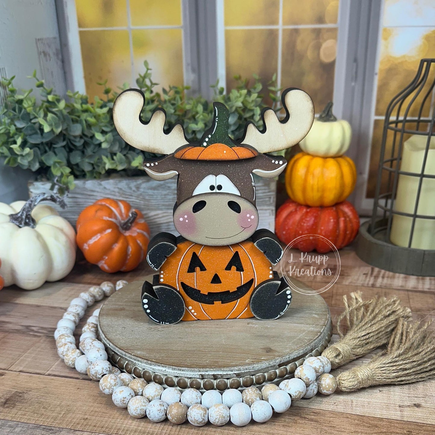 Rustic Halloween Wooden Moose Pumpkin  Hand-Painted Fall Decor