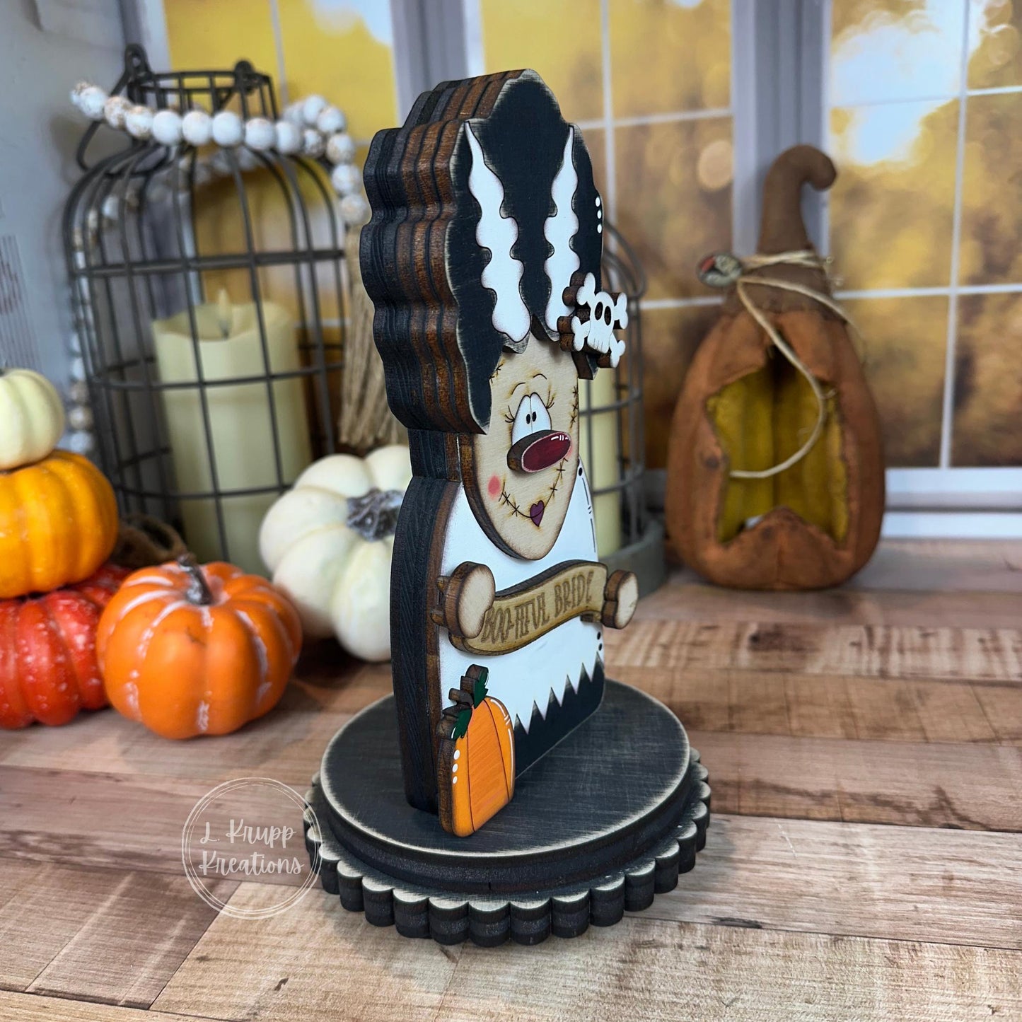 No-So-Spooky Bride of Frankenstein Wooden Decor - Hand-Painted Halloween Tiered Tray