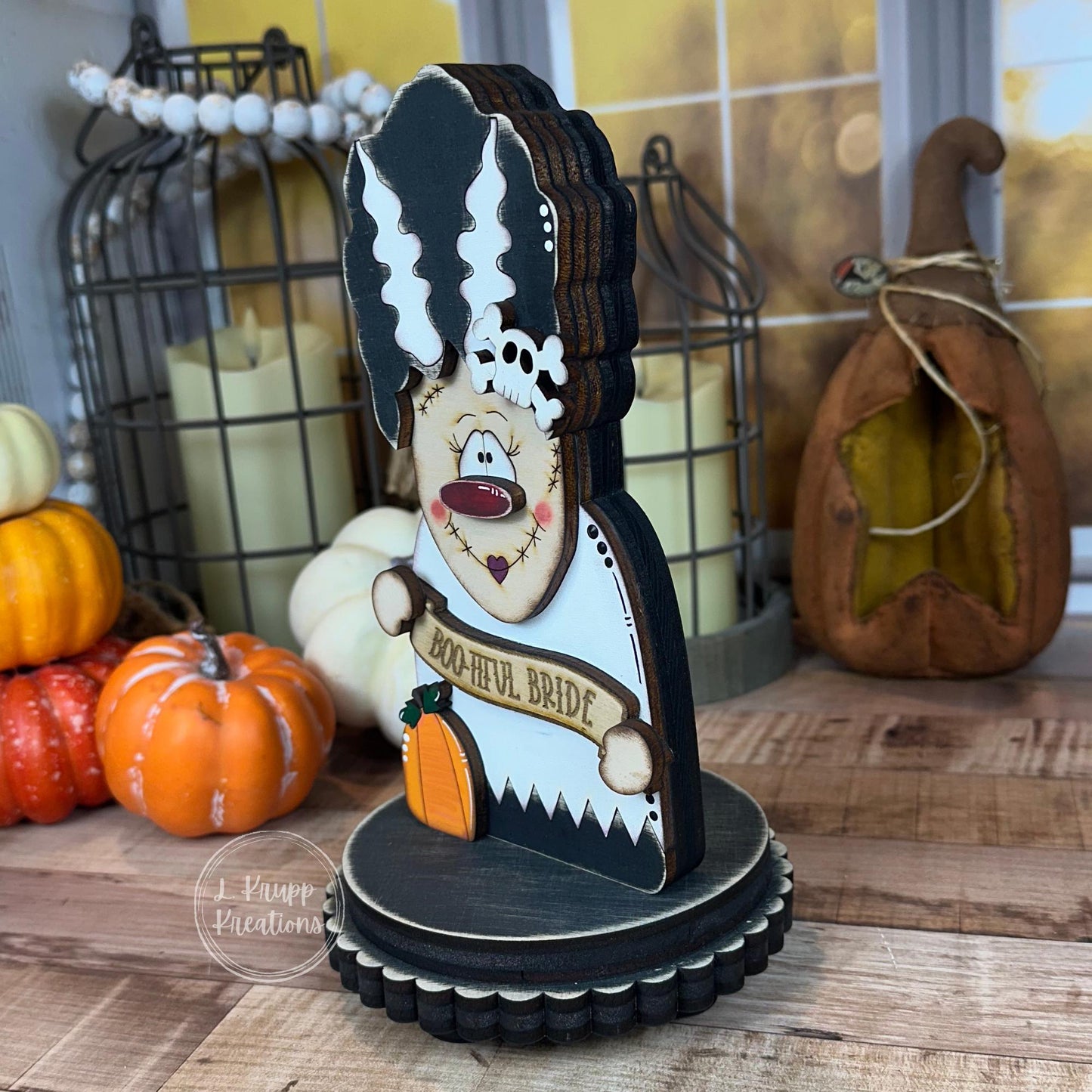 No-So-Spooky Bride of Frankenstein Wooden Decor - Hand-Painted Halloween Tiered Tray