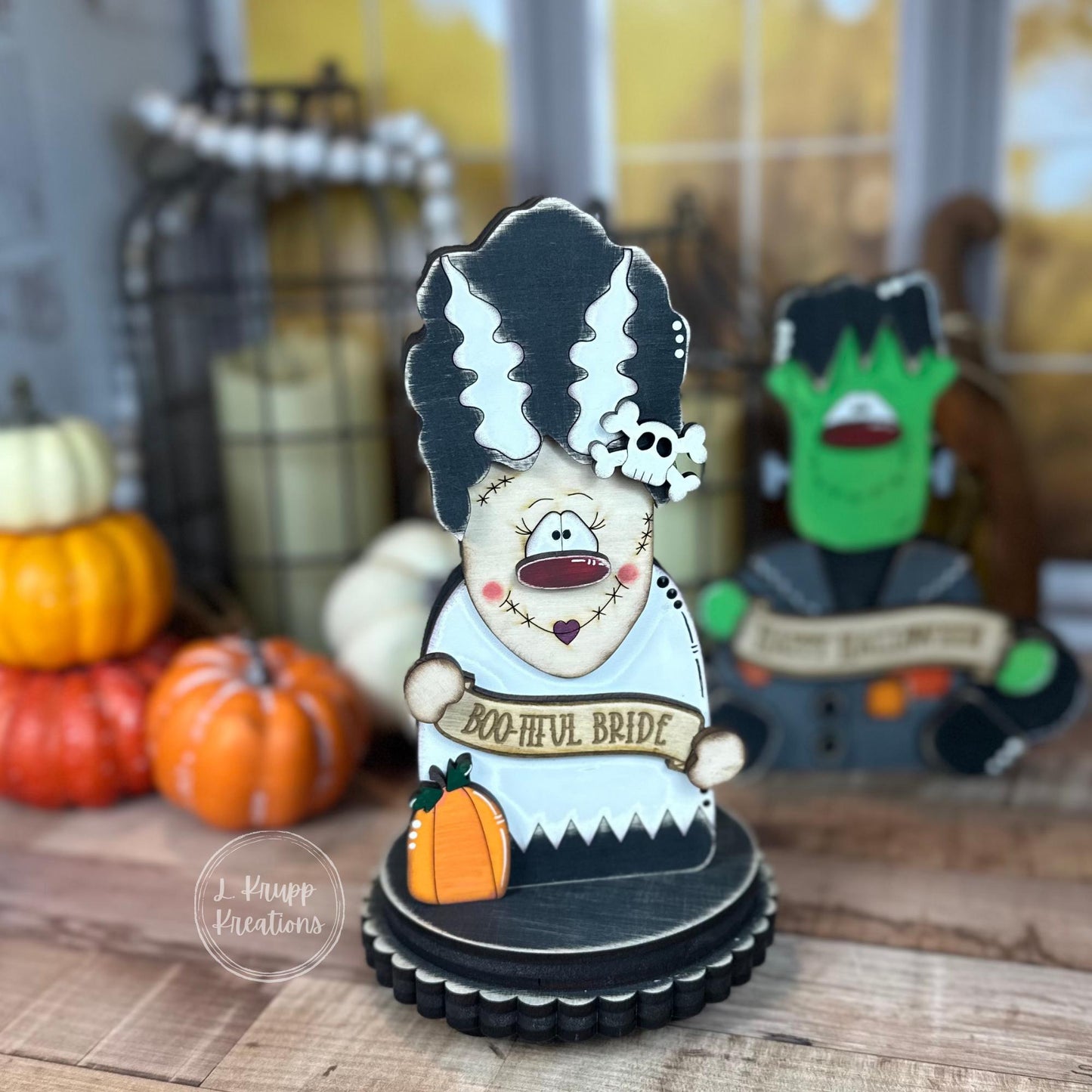 No-So-Spooky Bride of Frankenstein Wooden Decor - Hand-Painted Halloween Tiered Tray