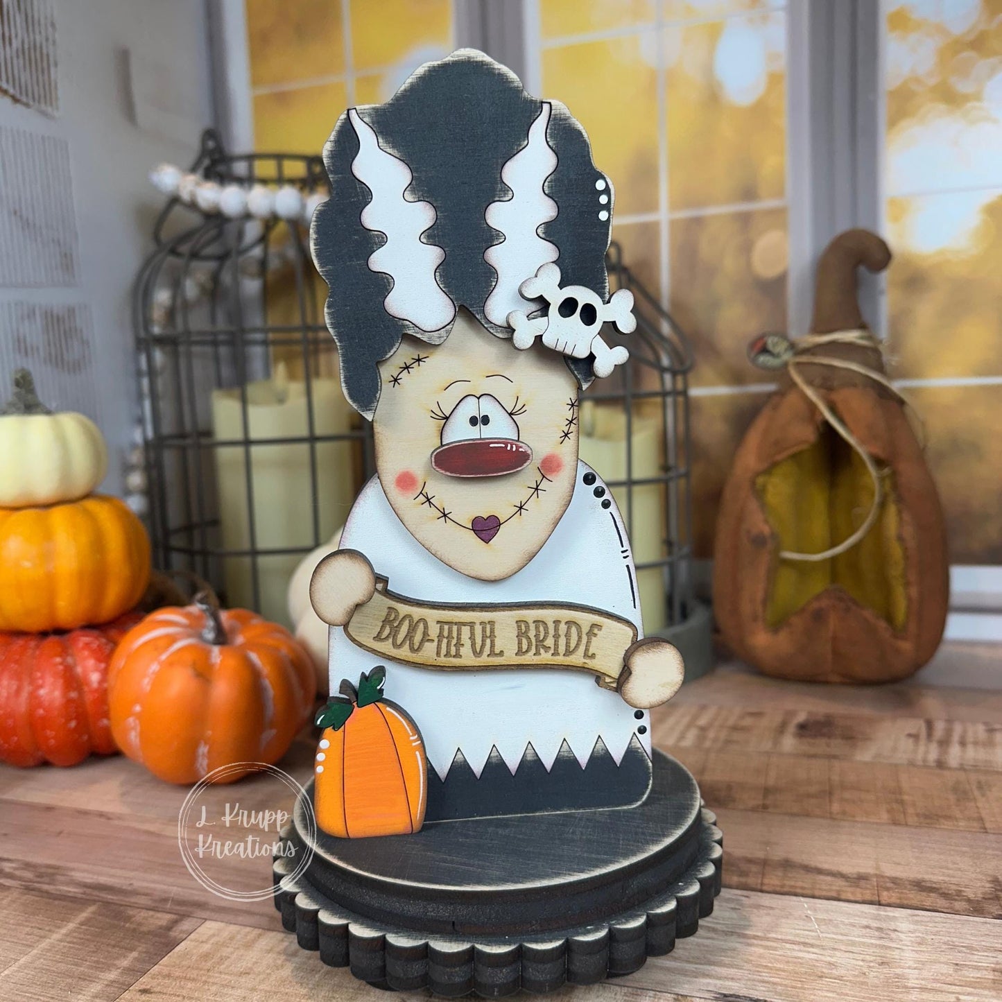 No-So-Spooky Bride of Frankenstein Wooden Decor - Hand-Painted Halloween Tiered Tray
