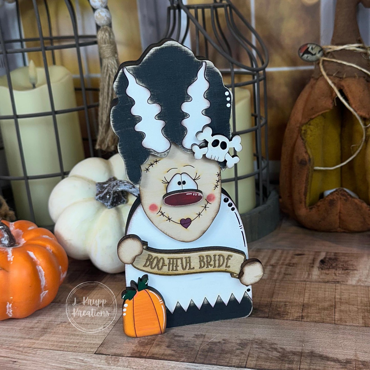 No-So-Spooky Bride of Frankenstein Wooden Decor - Hand-Painted Halloween Tiered Tray