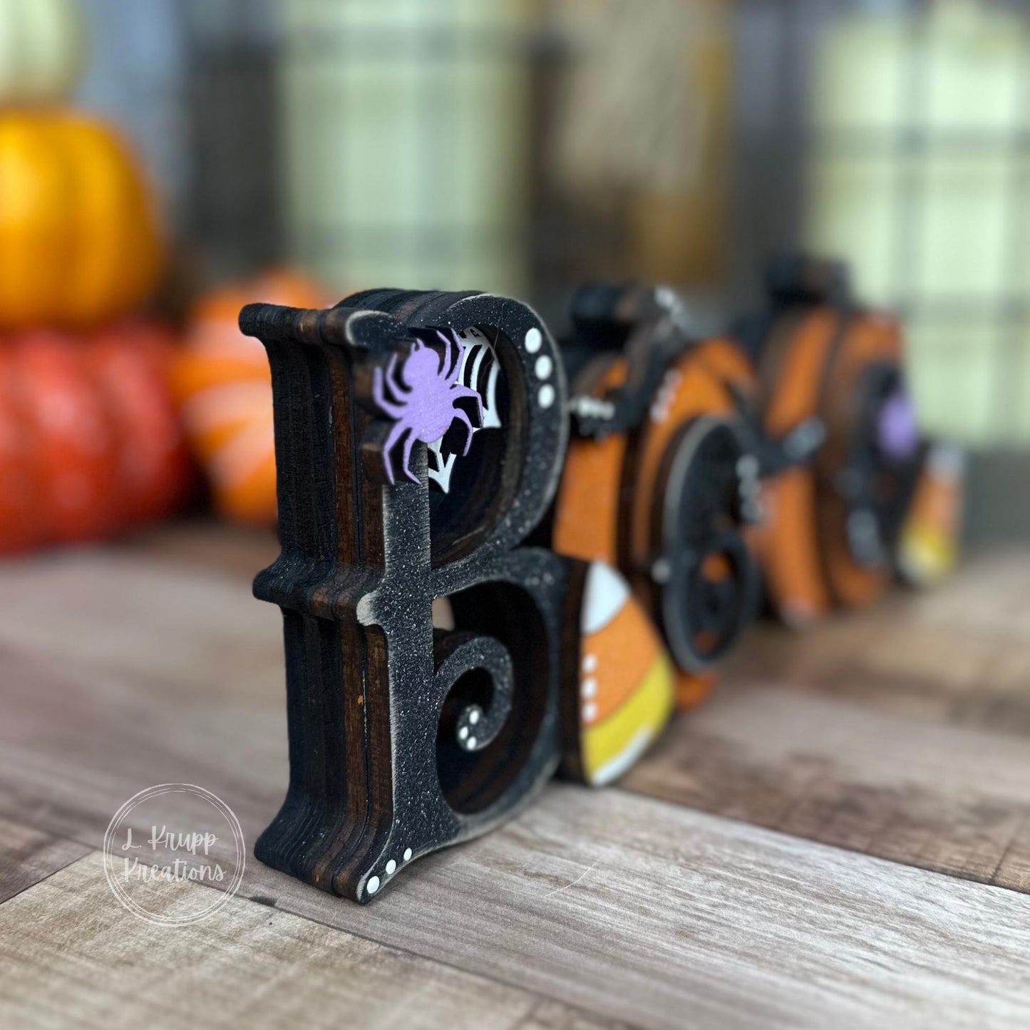 Whimsical Halloween Boo Chunky Shelf Decor with Pumpkins and Candy Corn - Farmhouse Chic Style