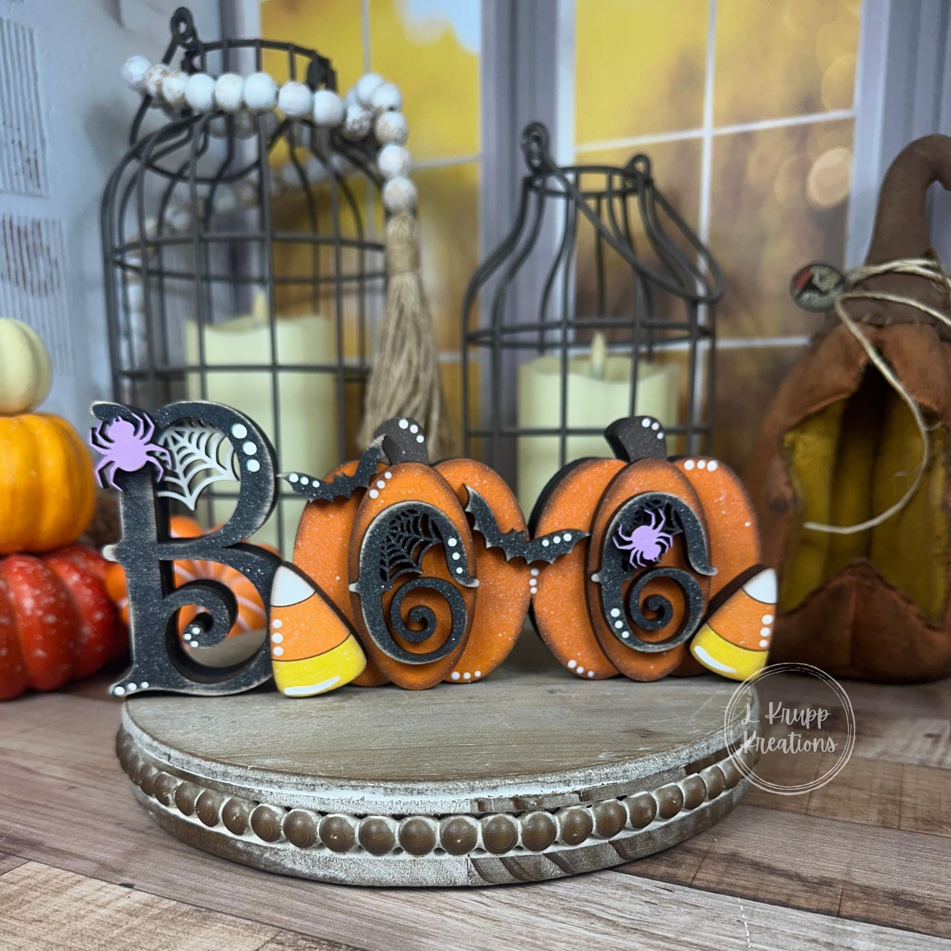 Whimsical Halloween Boo Chunky Shelf Decor with Pumpkins and Candy Corn - Farmhouse Chic Style