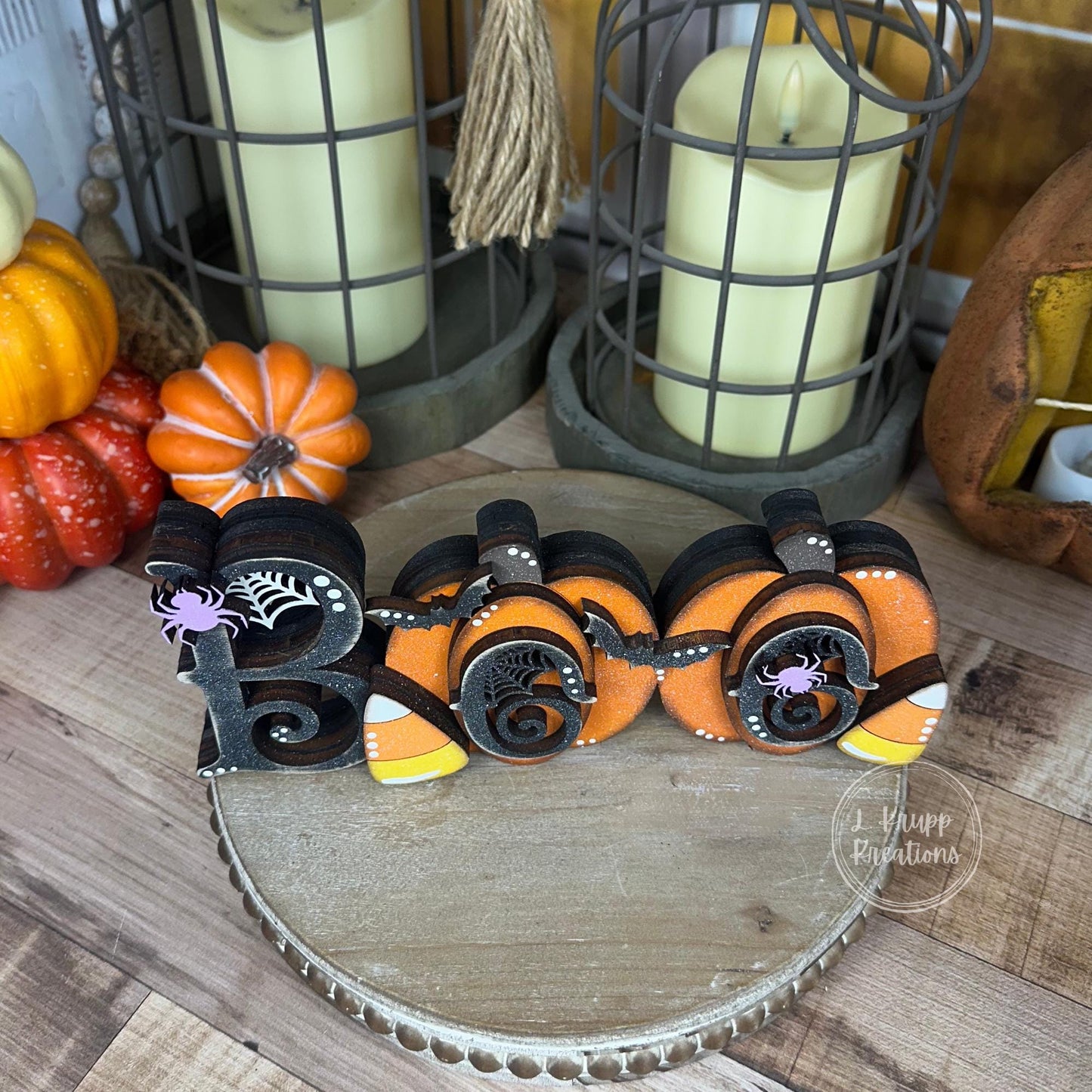 Whimsical Halloween Boo Chunky Shelf Decor with Pumpkins and Candy Corn - Farmhouse Chic Style