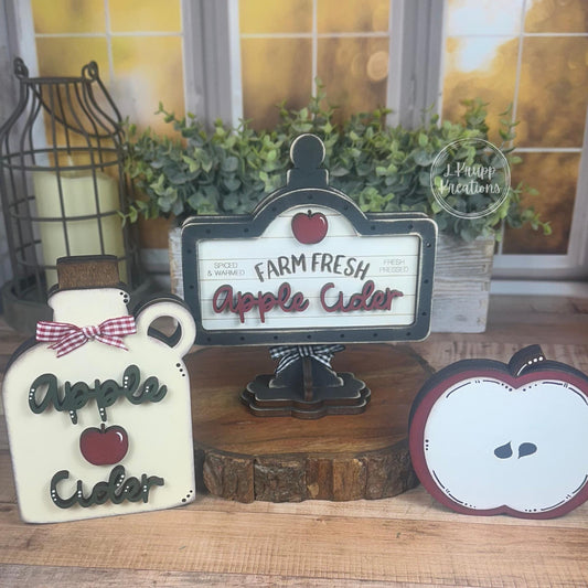Apple Cider Mini Wood Sign Set  Rustic Fall Tiered Tray Decor with Cider Jar, Half Apple, Farmhouse Tabletop Insert